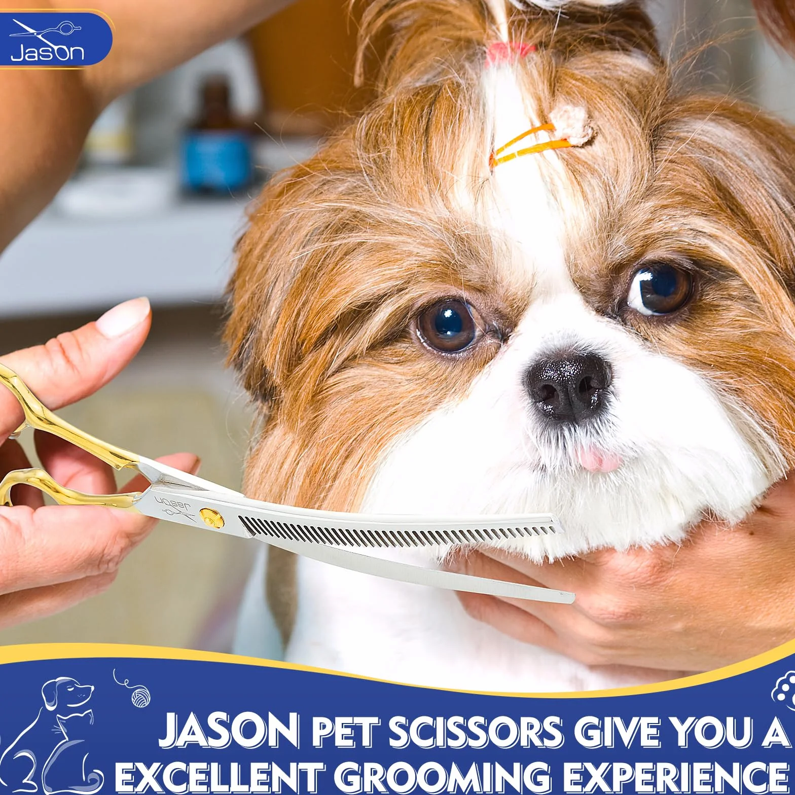 JASON 7.5 pouces ciseaux à effiler courbes pour chiens 43 dents ciseaux professionnels pour chiens courbes vers le bas en acier inoxydable japonais 440C ciseaux à fourrure avec poignée symétrique