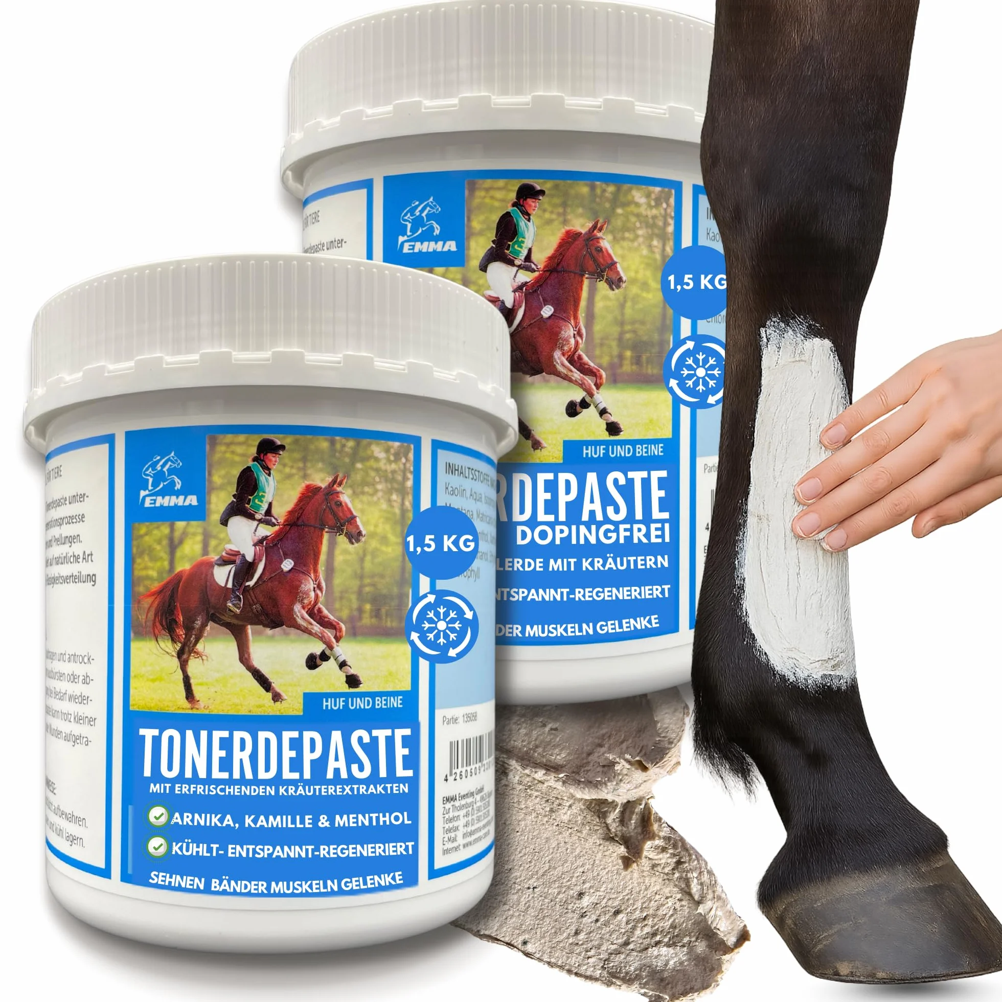 Emma Argile pour Chevaux Set 2×1,5 kg Pâte Refroidissante Tendons Articulations Arnica Pure