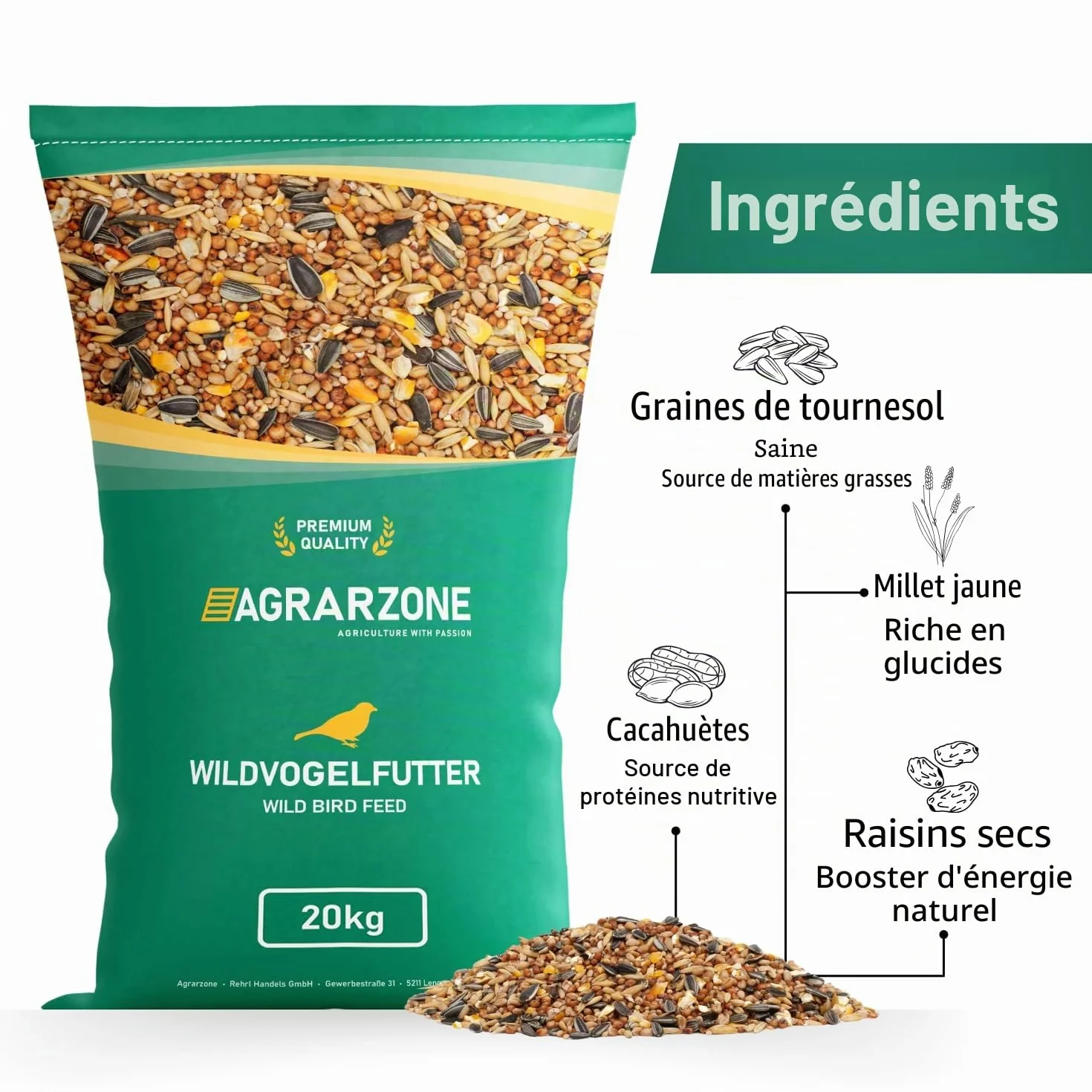 Nourriture pour Oiseaux Sauvages 20 kg - Mélange de Graines de Tournesol sans Poussière