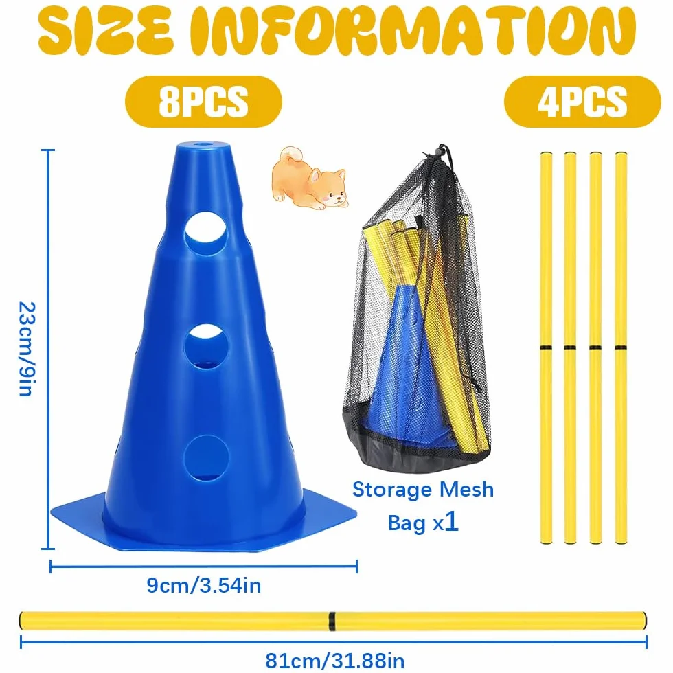 Agility Kit d'Obstacles pour Chiens et Enfants, Ensemble de Barrières Enfichables, 8 Cônes 23 cm + 4 Barres 81 cm