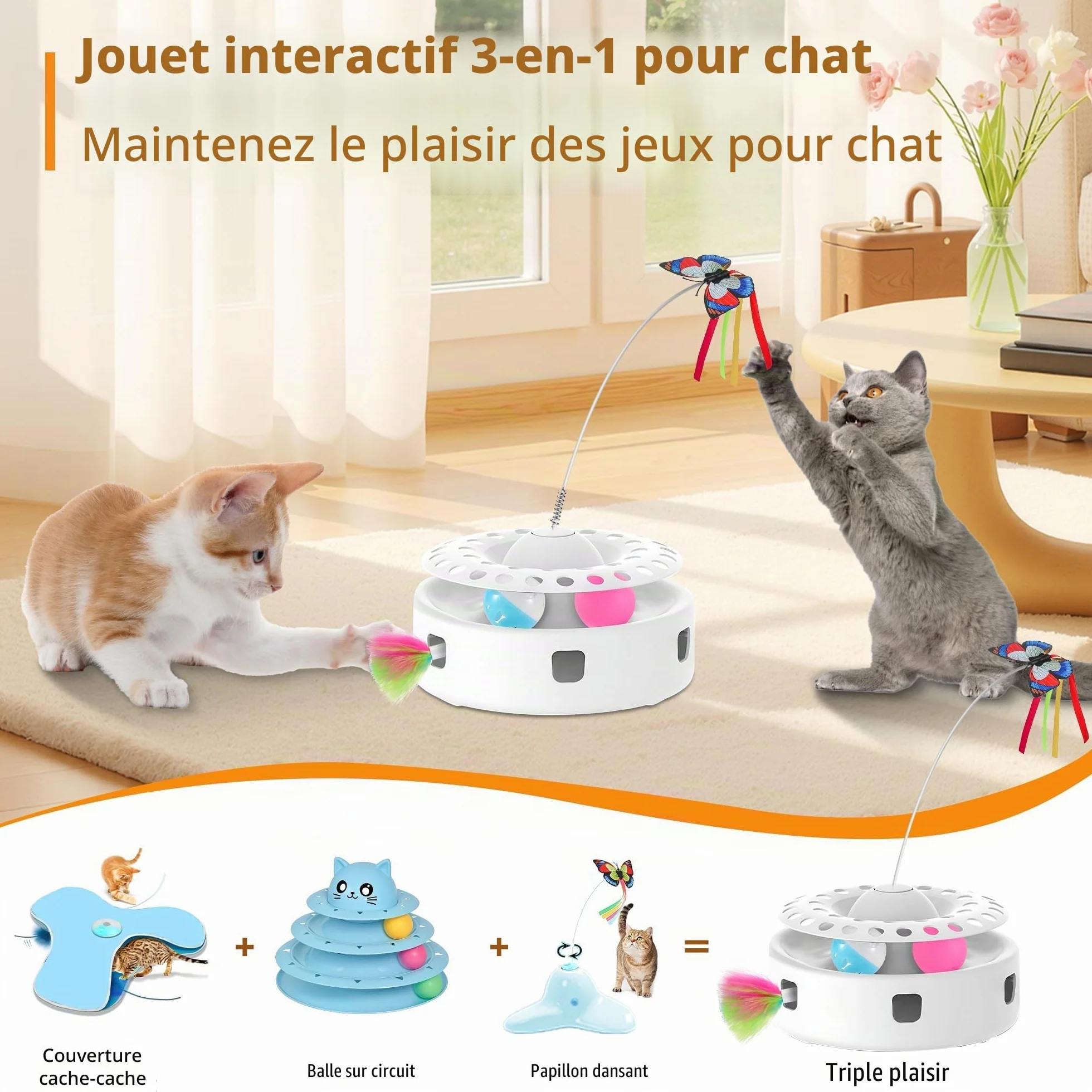 Soarer Jouet Interactif Automatique pour Chat 3 en 1 avec Papillons Volants et Accessoires Remplaçables