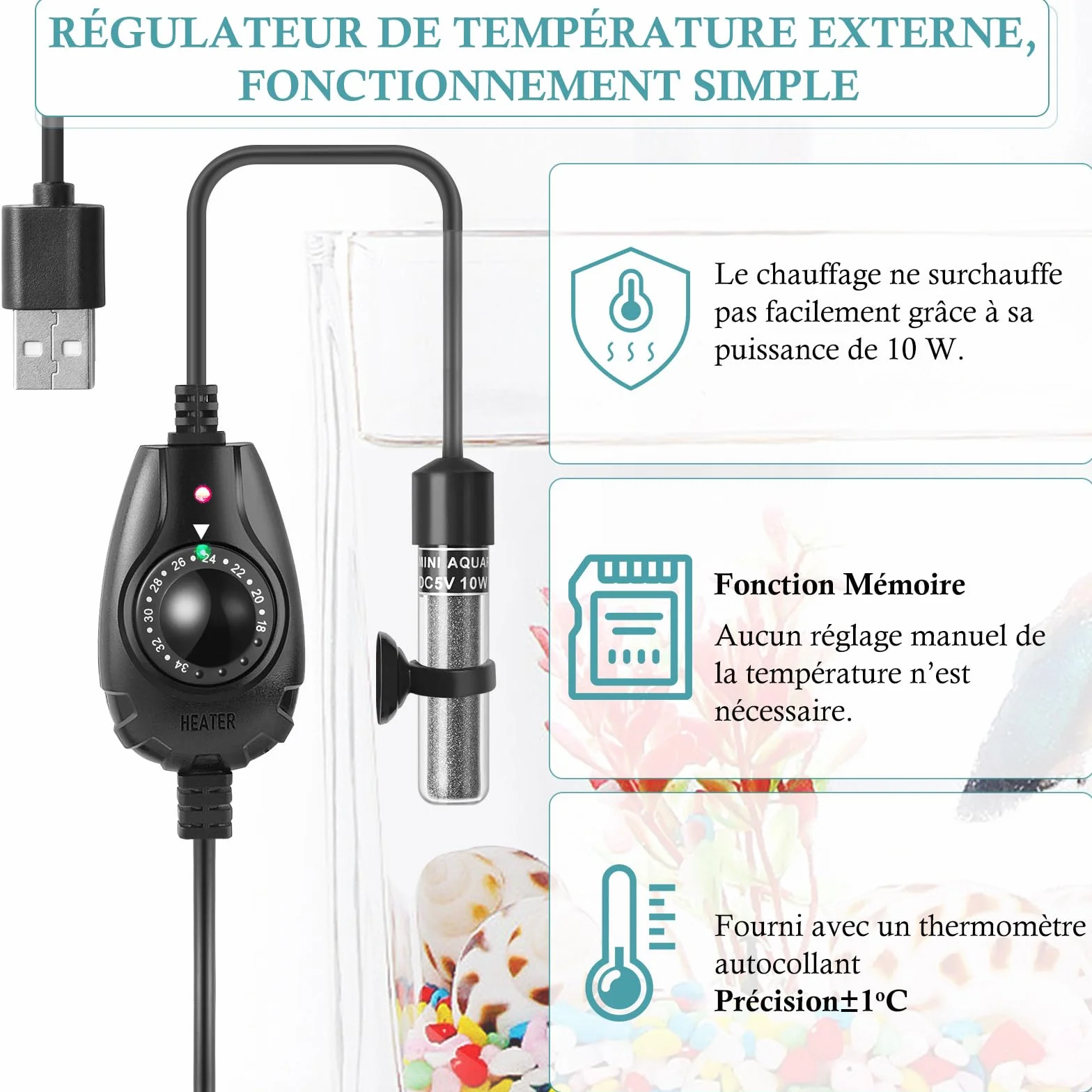 10W Chauffage Aquarium USB Ultra Mini, Chauffage Réglable Compact pour Petits Aquariums 1-10L, avec Régulateur Externe, Chauffage pour Betta et Ronds à Poissons