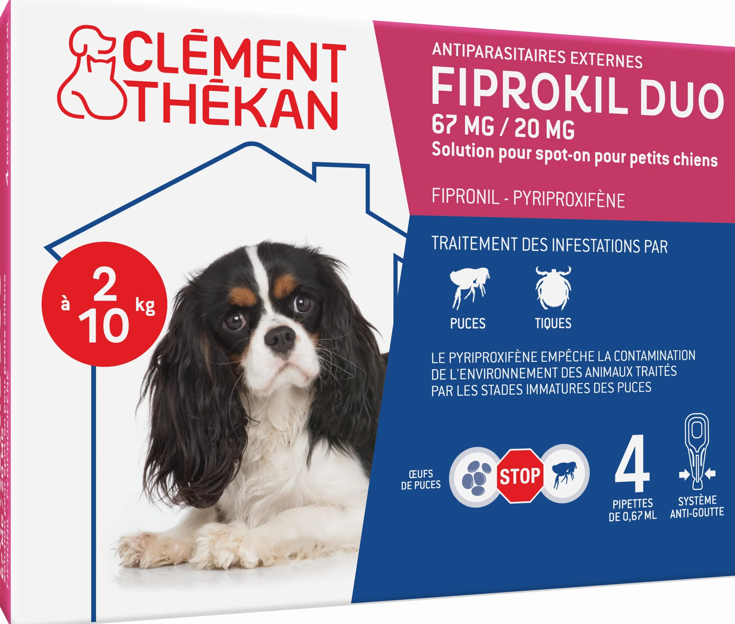 Fiprokil Duo Petits Chiens Clément Thékan (2-10 kg) - Anti-Puces/Tiques - Élimine parasites/Oeufs - Protège Jusqu’à 7 semaines l’Animal et 12 semaines l’Environnement - 4 pipettes Spot on