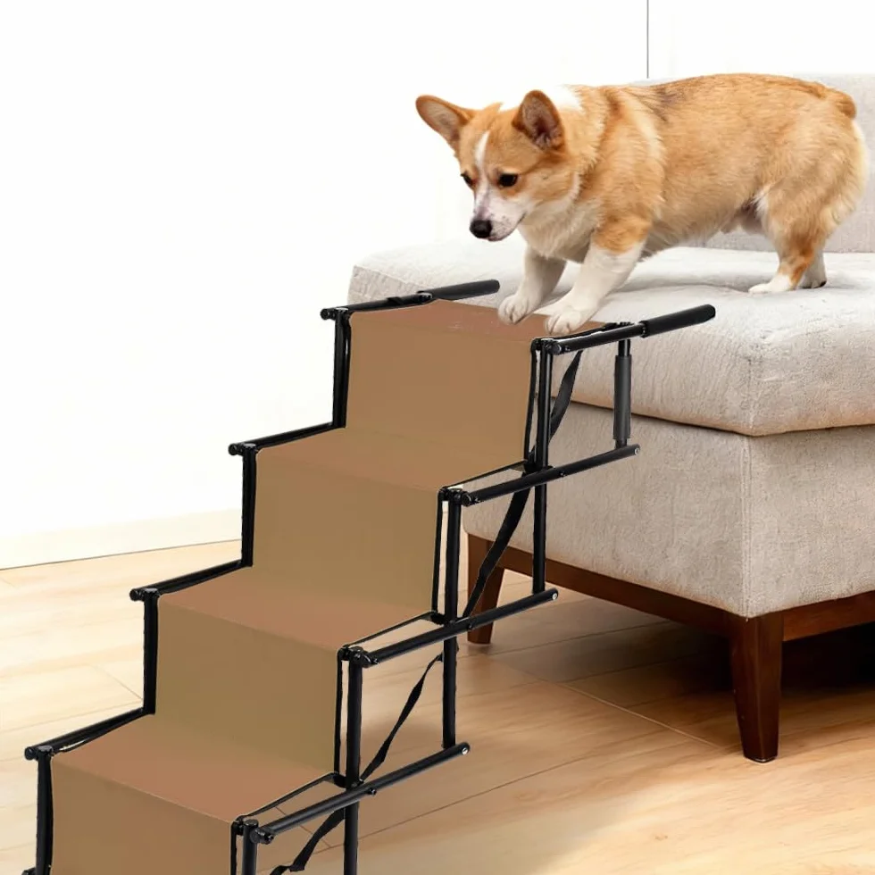 Rampe pour Chiens Charge Jusqu'à 60 kg, Escalier pour Chien Pliable, 5 Marches Escalier Chien Voiture, Réglable Hauteur 56-76 cm(22"-30"), Rampe Chiens pour Voiture, Canapé ou Lit (Marron)