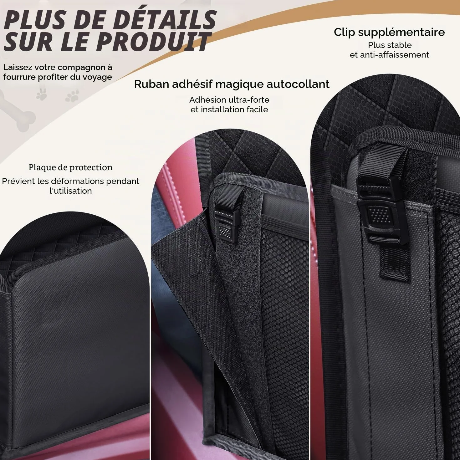 Siège Auto Chien Sécurisé Imperméable Anti-Griffes Filet Rangement Ceinture Sécurité Adjustable Noir