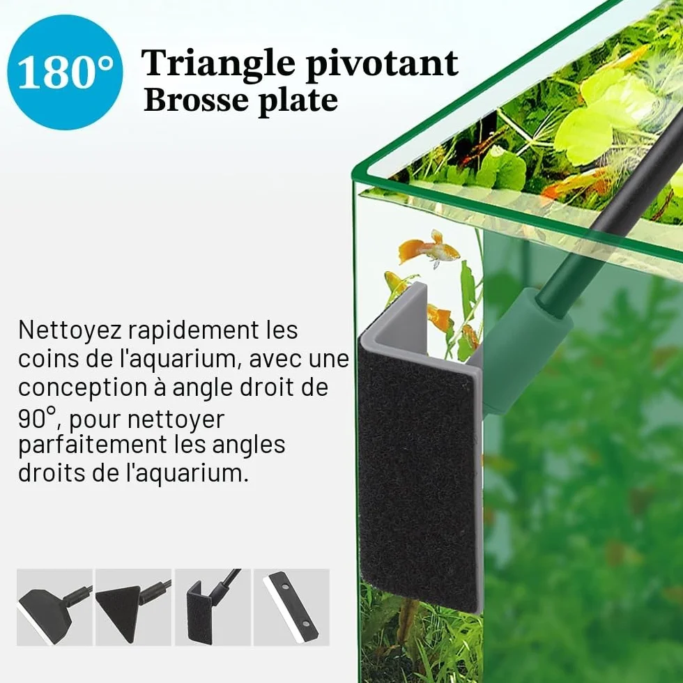 Kit de nettoyage pour aquarium 3 en 1 avec tige amovible 35,6 cm, grattoir à algues et brosse plate