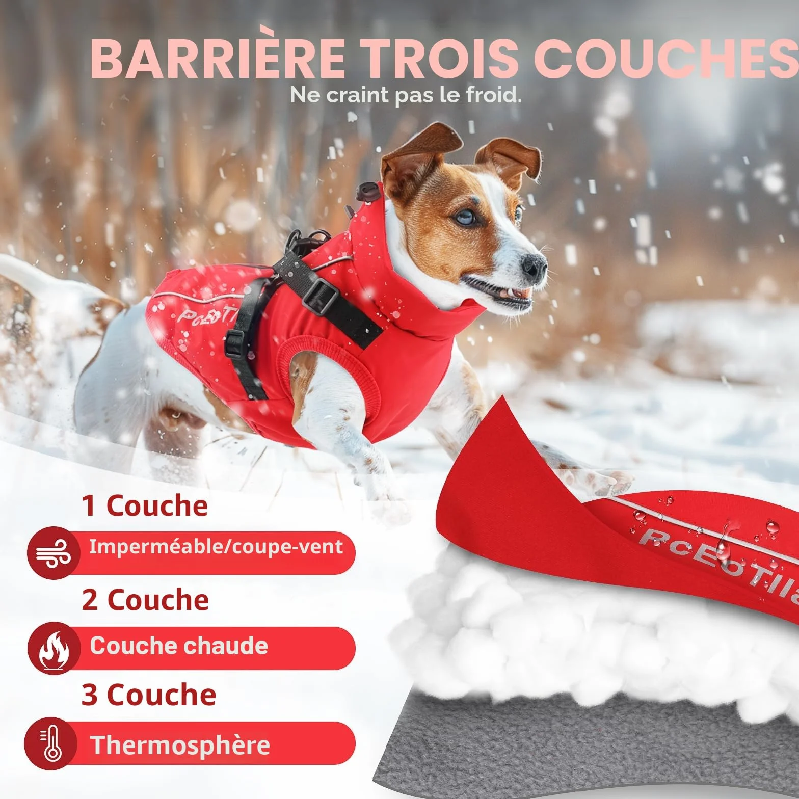 Manteau imperméable pour chien petite taille veste chaude réfléchissante harnais hiver coton rouge taille M