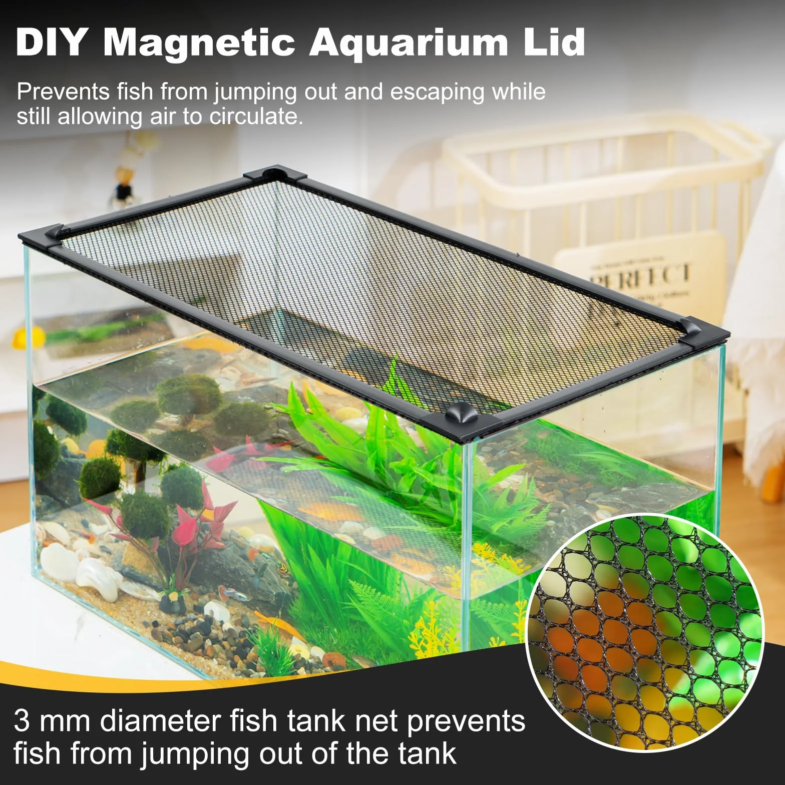 Couvercle magnétique pour aquarium, filet anti-saut en maille, protection poisson
