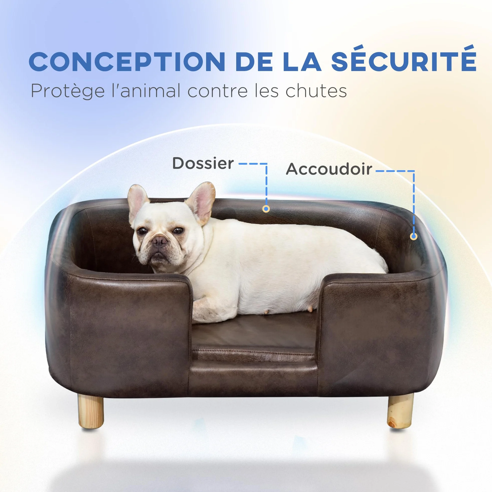PawHut Canapé Chien lit pour Chien Chat Rebord Coussin Moelleux Pieds Bois Massif 74 x 48,5 x 31 cm Micro-Fibre Chocolat
