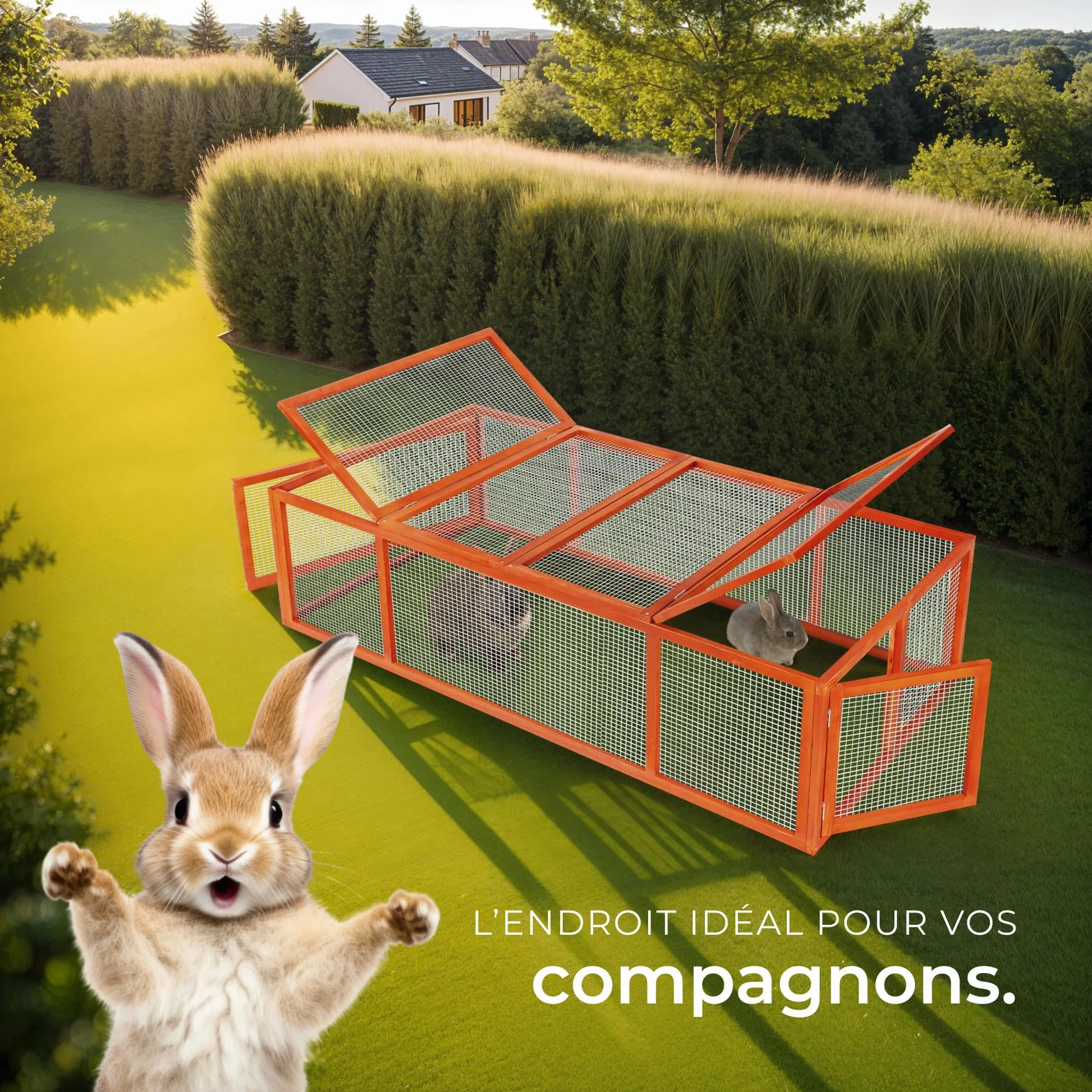 Tectake Clapier Lapin Exterieur 181x90x48 cm Bois imperméable Cage Rongeurs avec Parc XXL 2 Portes Toit ouvrant
