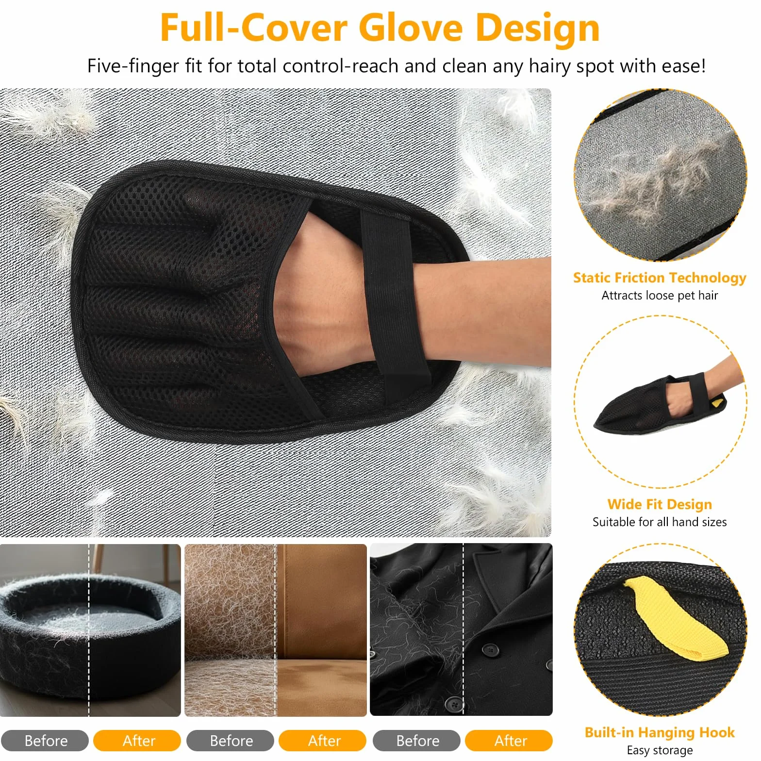 Lot de 3 gants d'épilation électrostatiques pour chien, gants de toilettage double face magnétiques