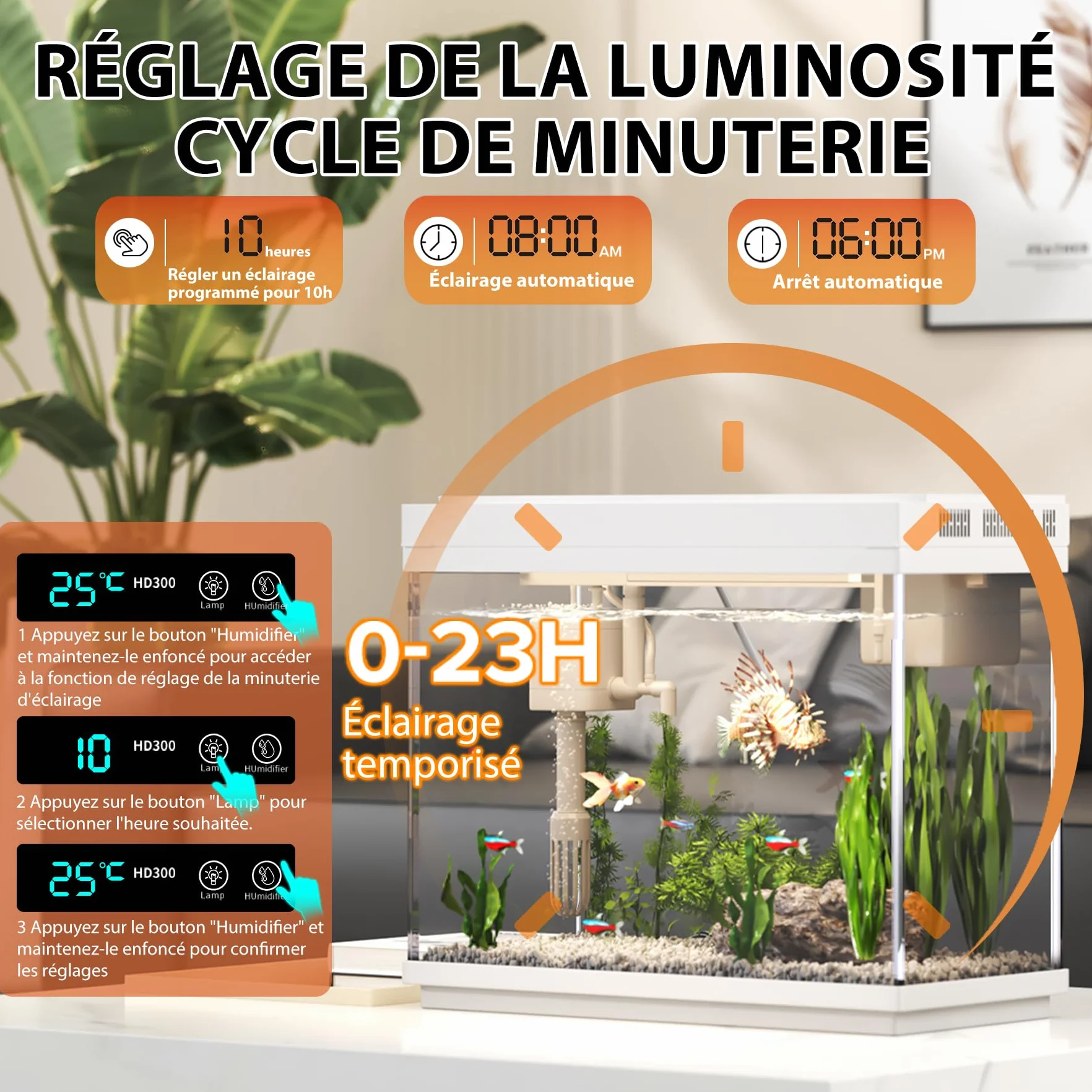 Aquarium 9L avec Humidificateur Intelligent 3 en 1, Affichage Température, Éclairage 7 Couleurs, Écran UHD
