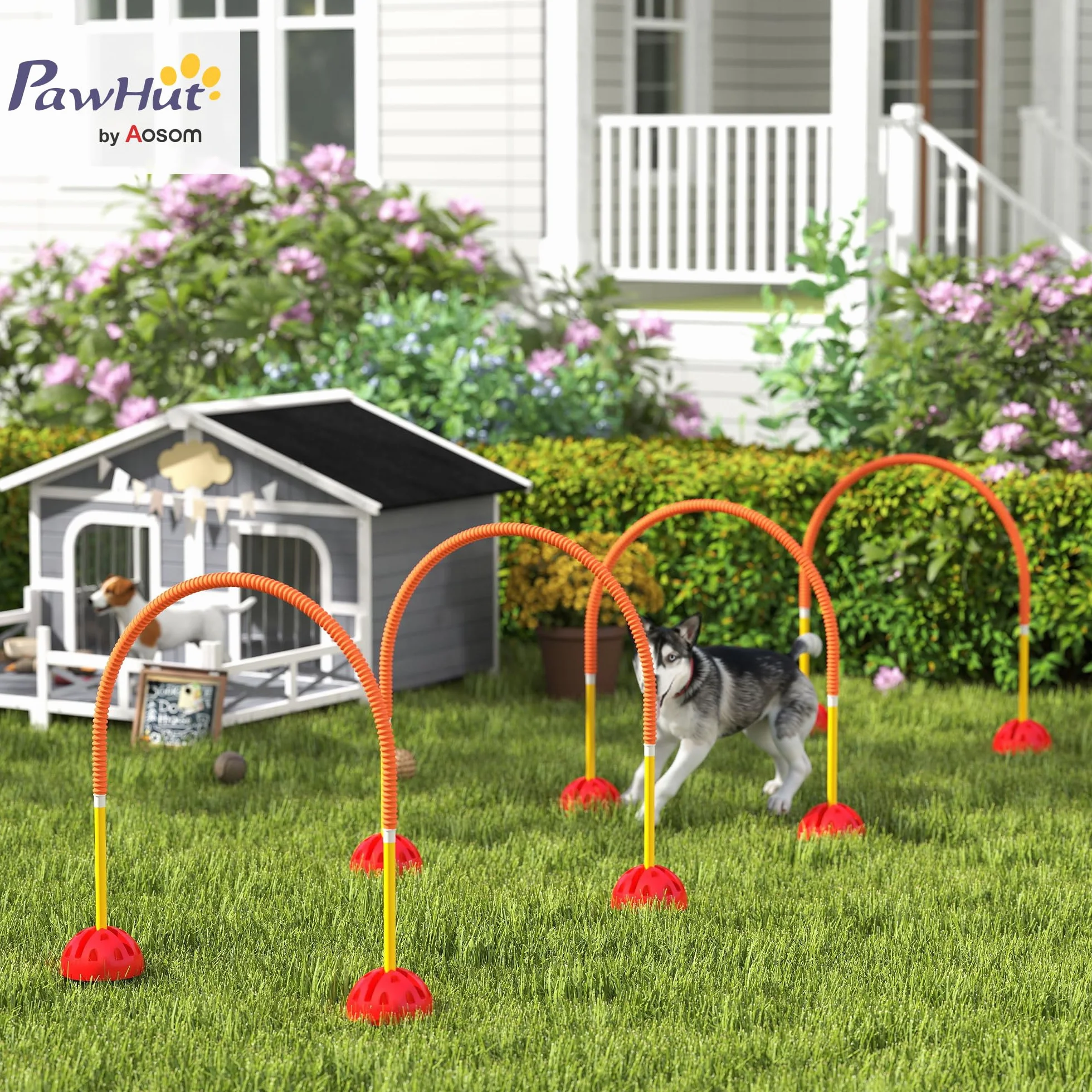 PawHut Kit d'équipement d'agilité pour Chien avec 4 Portes à Largeur réglable, Sac de Transport, Jaune et Orange