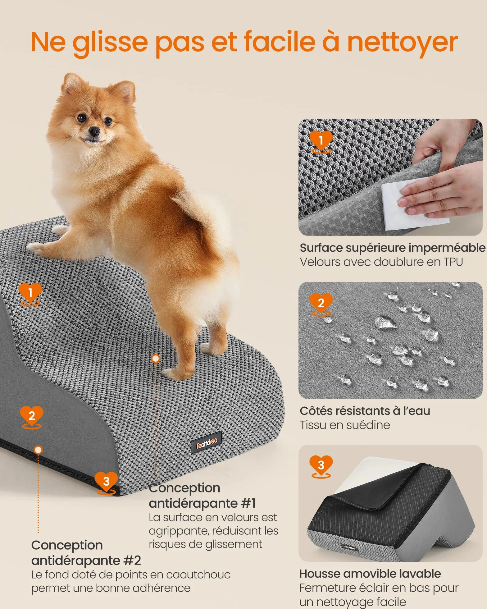 Feandrea Escalier pour Chien 2 Marches Velours Gaufré Imperméable Antidérapant Housse Amovible Lavable Gris Tourterelle