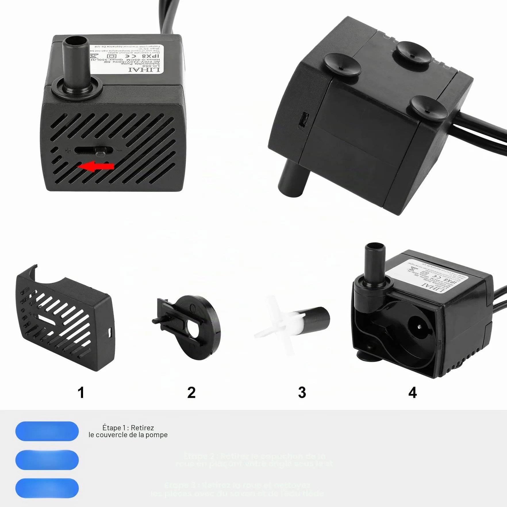 Mini pompe à eau LED 350 l/h 3,5 W submersible aquarium jardin fontaine rocaille 0,85 m
