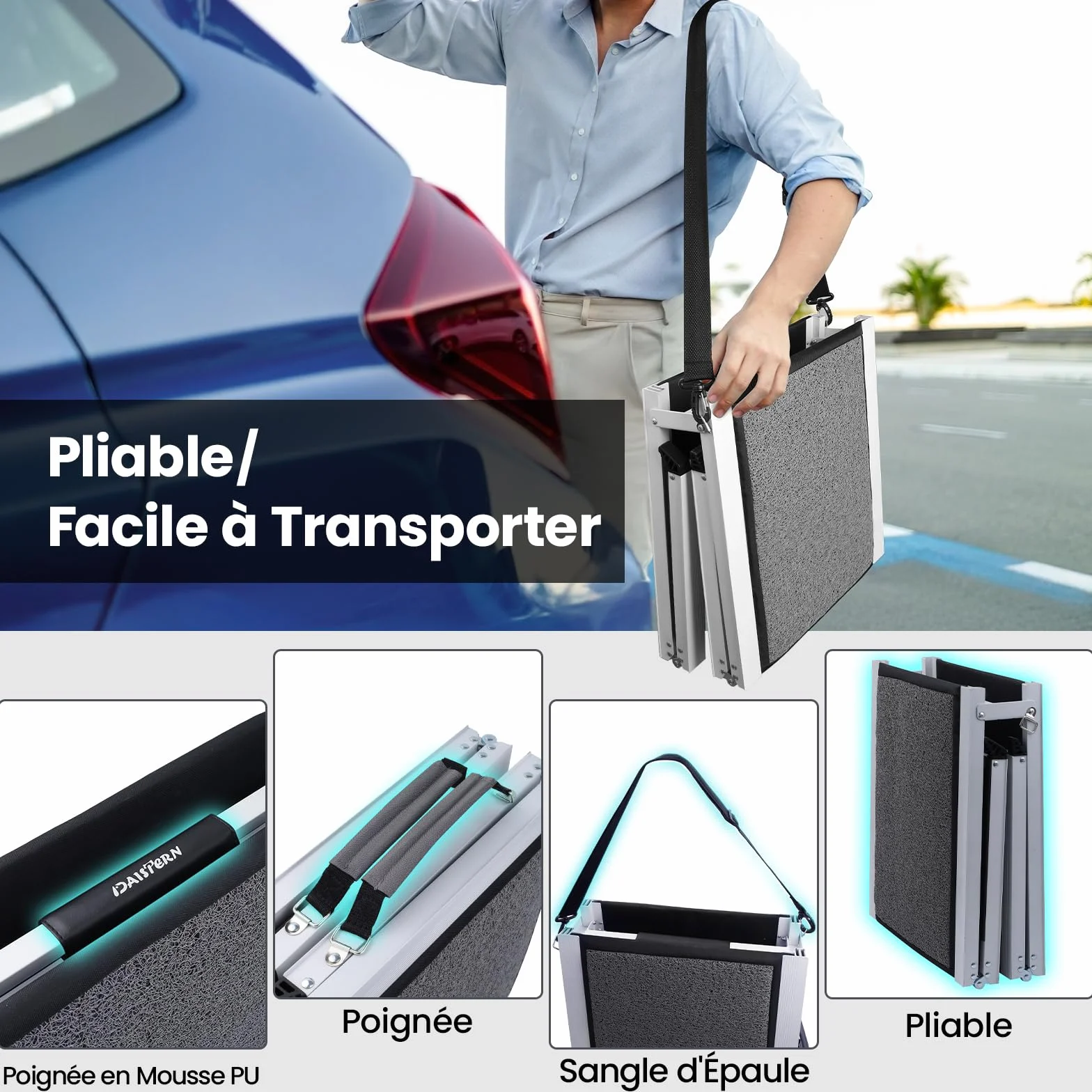 Rampe de Voiture Pliable pour Chien 170 x 44cm, Rampe Portable d'Accès Chien avec Surface Antidérapante, Cadre en Aluminium, Dog Ramp pour Camion Lit Voiture SUV, Légère et Facile à Ranger