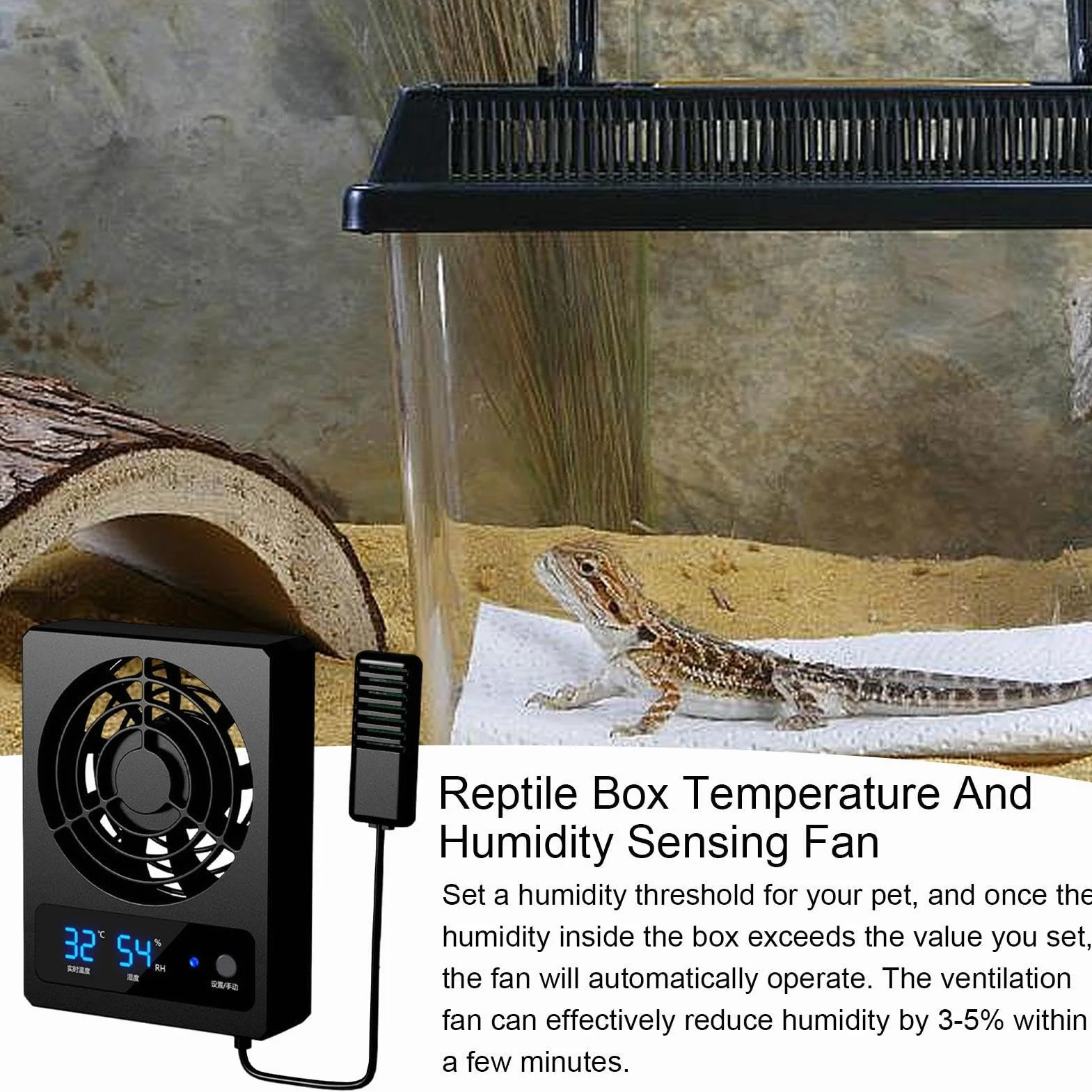 Fan de reptile - Gauge d'humidité du reptile intelligent avec affichage LED | Ventilateur de refroidissement, ventilateur de ventilation pour les serpents, terrarium de forêt tropical