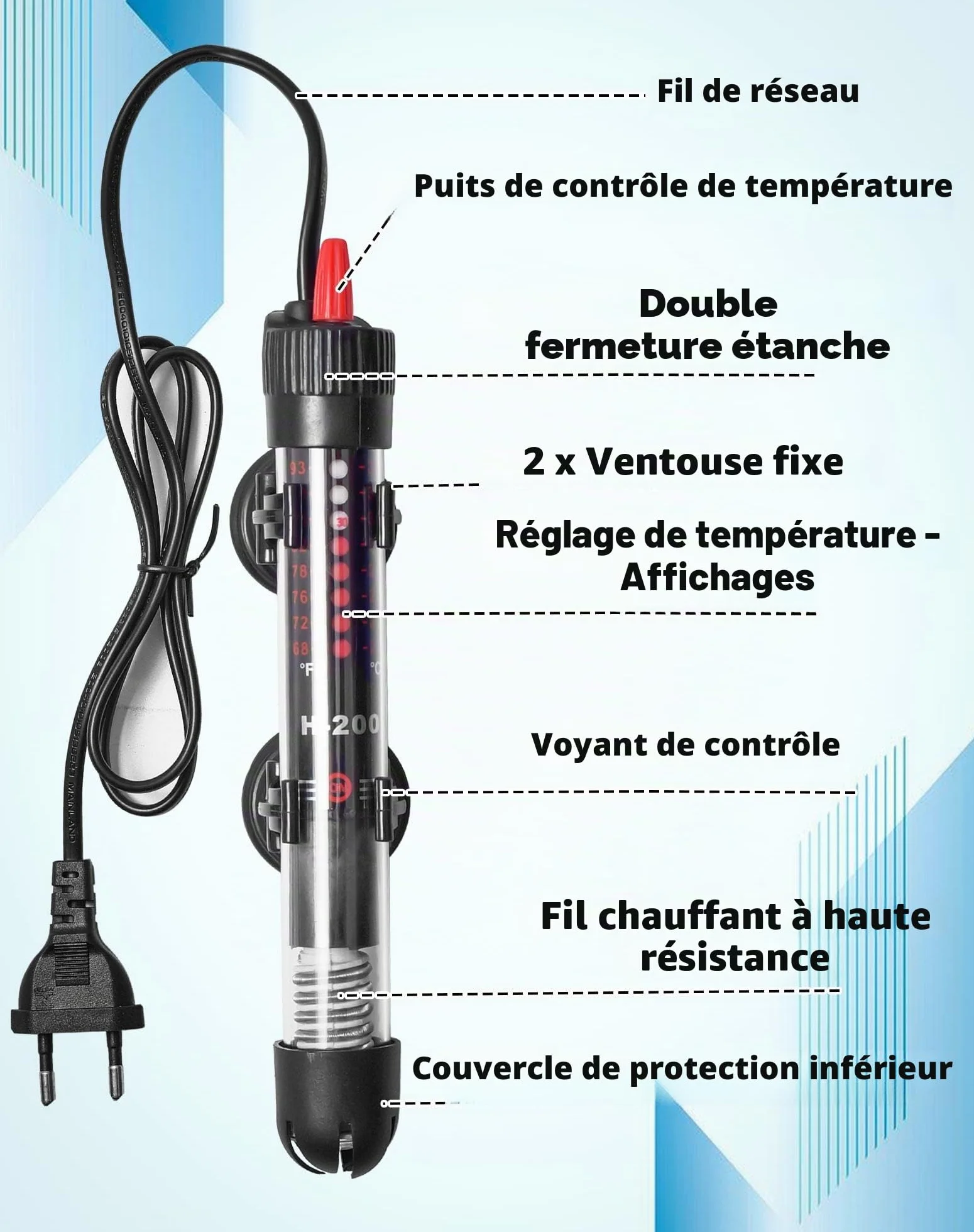 NETONDA Chauffage d'aquarium Réglable 30 l 25 W Résistance Aquarium avec Thermostat 20-34 °C pour Réservoirs à Poissons et Aquarium