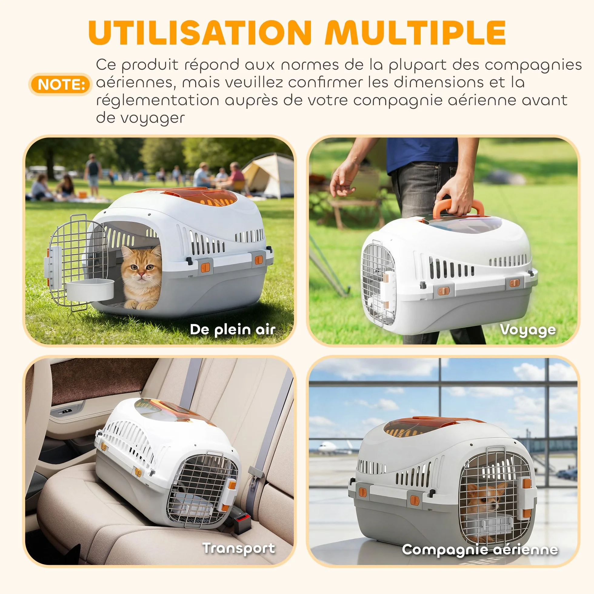 PawHut Caisse de Transport Chat et Chien jusqu'à 4 kg, 49 x 32 x 31 cm, Gris et Crème