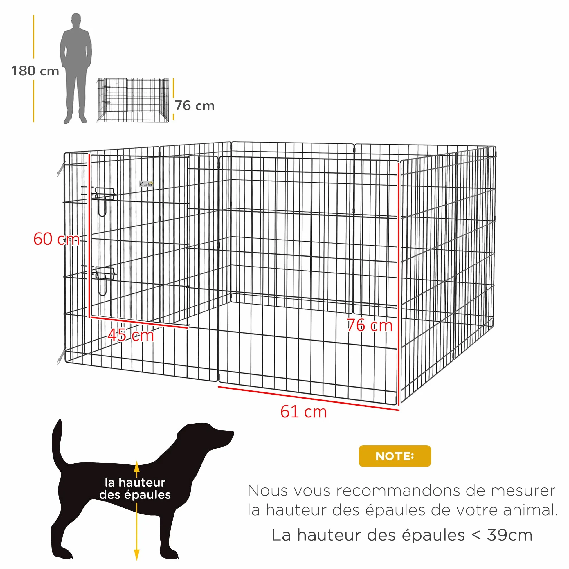 PawHut Parc enclos modulable pour Chiens Lapins rongeurs clôture Petits Animaux intérieur extérieur Pliant 1 Porte verrouillable 8 Panneaux Fil métal 61 x 76 cm Noir