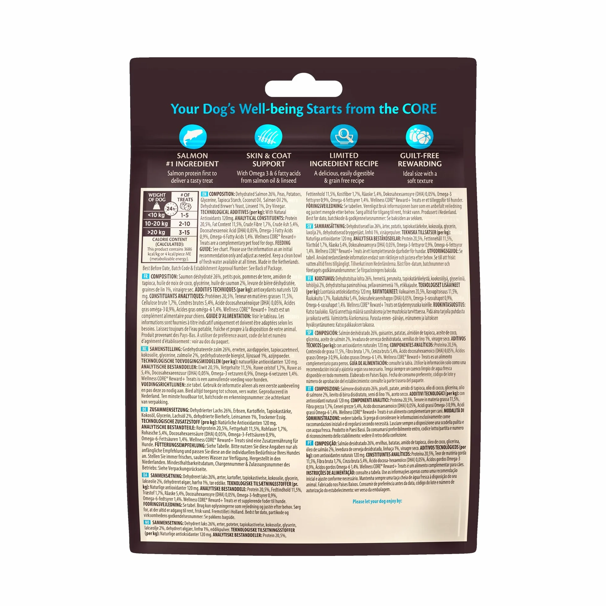 Wellness CORE Reward+ Peau & Pelage 170g Saumon Friandises pour Chiens sans Céréales Hypoallergénique Riche en protéines