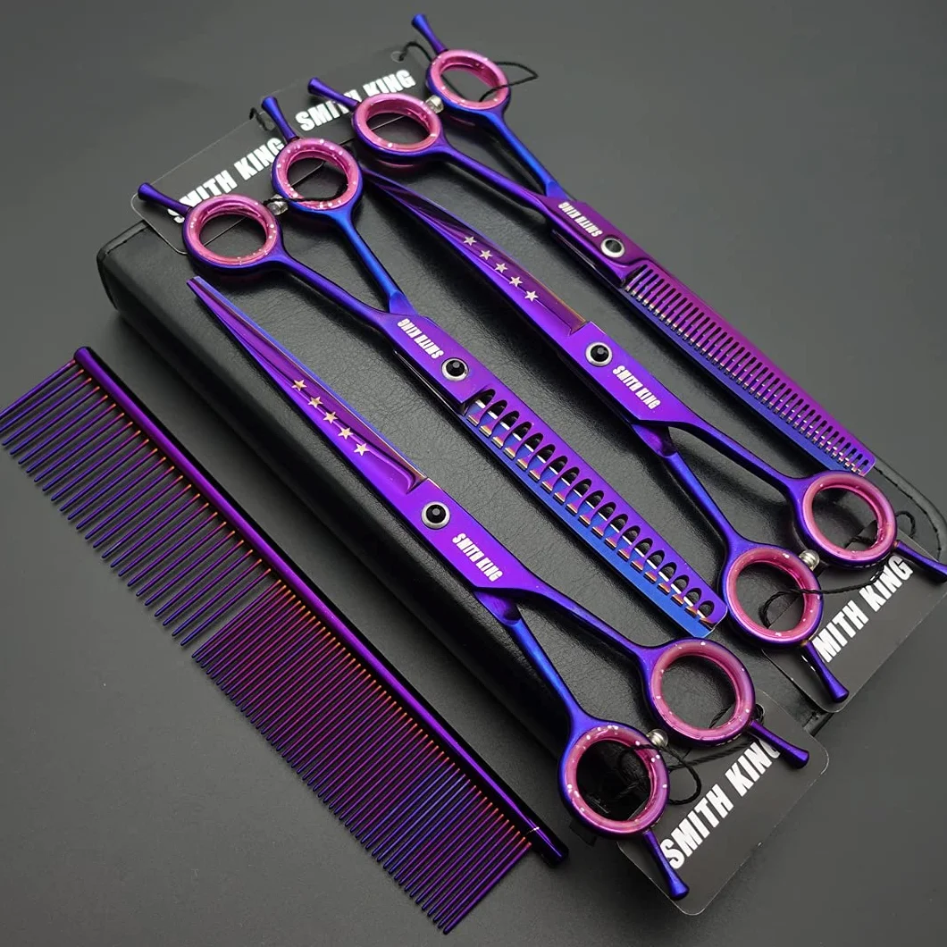 7,0 Zoll Professional Set de ciseaux de toilettage pour chiens Gerade & Ausdünnen & Gebogen & Chunker & Kamm 5 Stück in 1 Set für Linkshänder & Rechtshänder