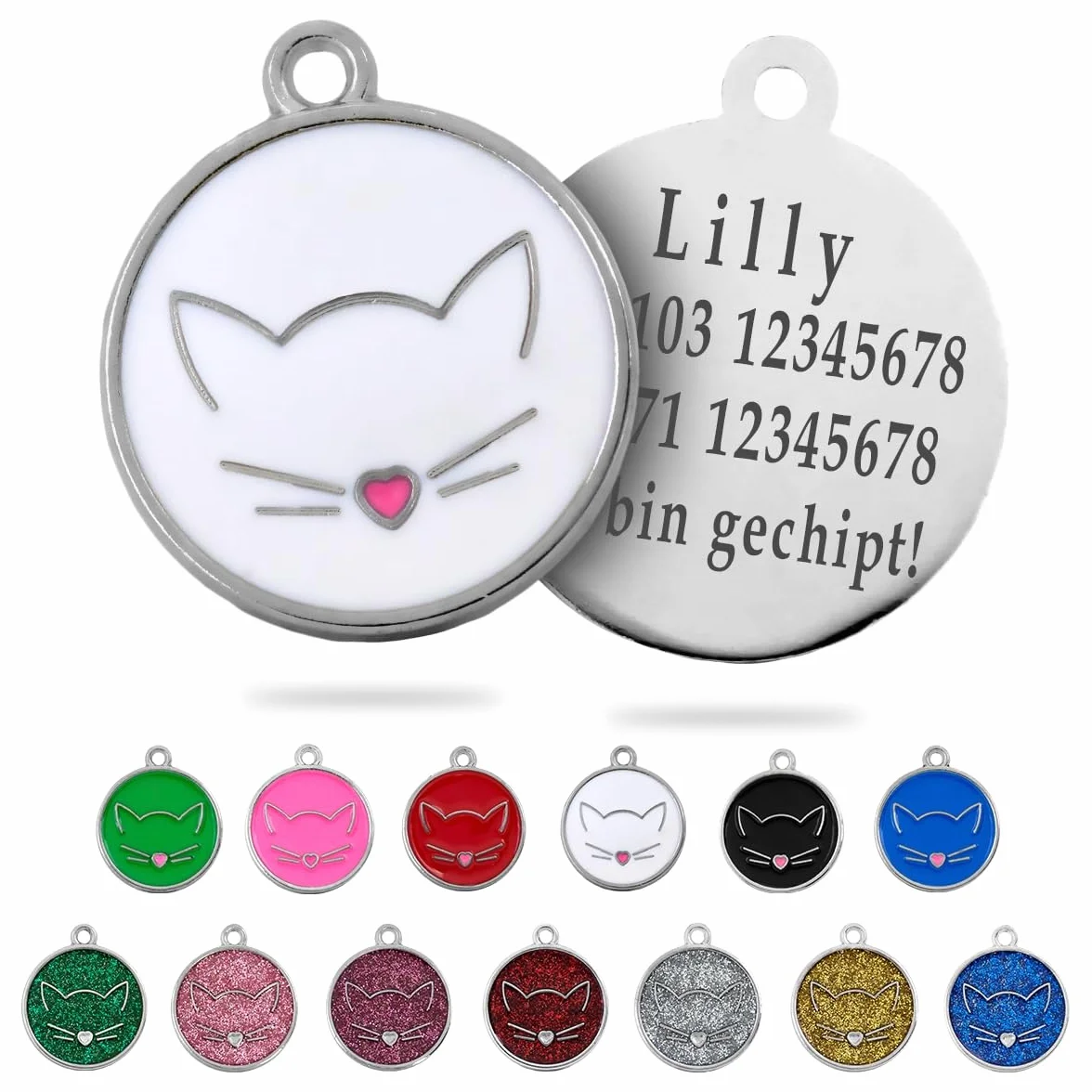 Médaille Chat Personnalisée Avec Gravure Pour Tous Les Âges - En Forme de Tête de Chat (Blanc)