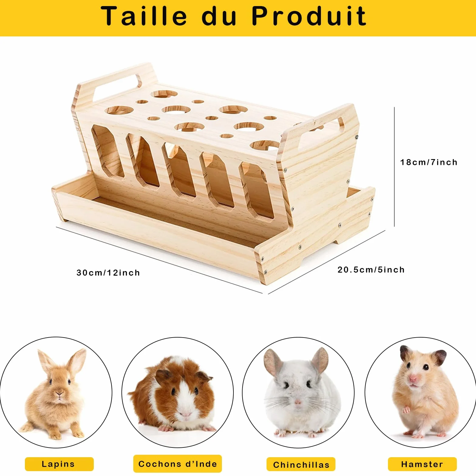 Râtelier à Foin pour Rongeurs, Distributeur en Bois Naturel Non Traité 30x22x18 cm pour Lapins et Cochons d'Inde