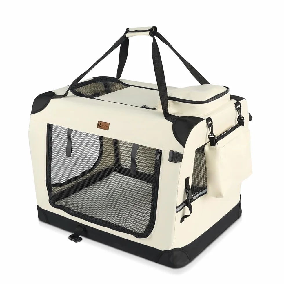 VOUNOT® Sac Transport Pliable pour Chien et Chat Caisse de Transport Respirant avec Matelas en Peluche Amovible Porté par Main/Bandoulière Idéal pour Animaux Domestiques M Beige