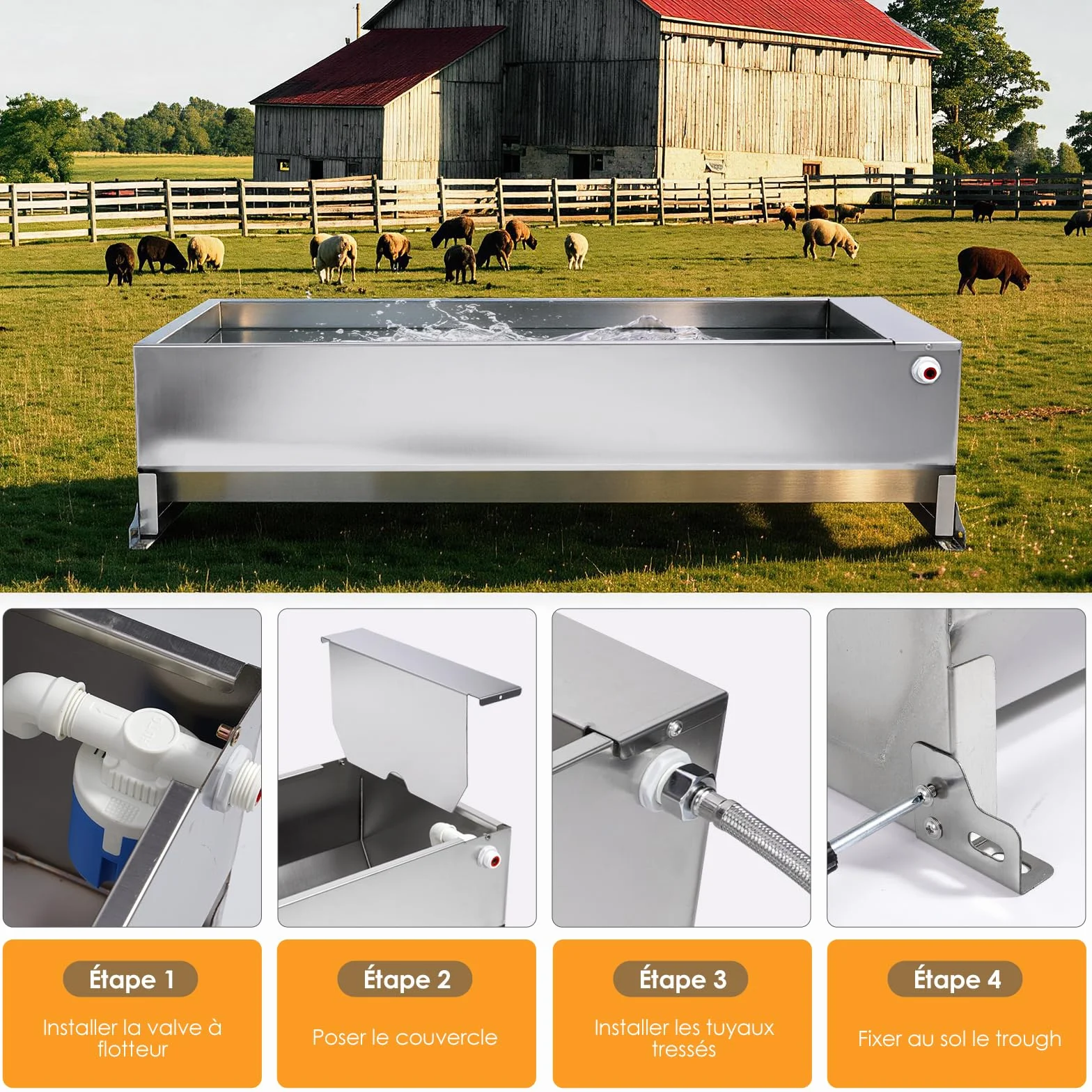 Bac à Abreuvoir Automatique 50 litres avec Flotteur 1/2 Pouce et Kit de Connexion pour Chevaux Chèvres Bœufs