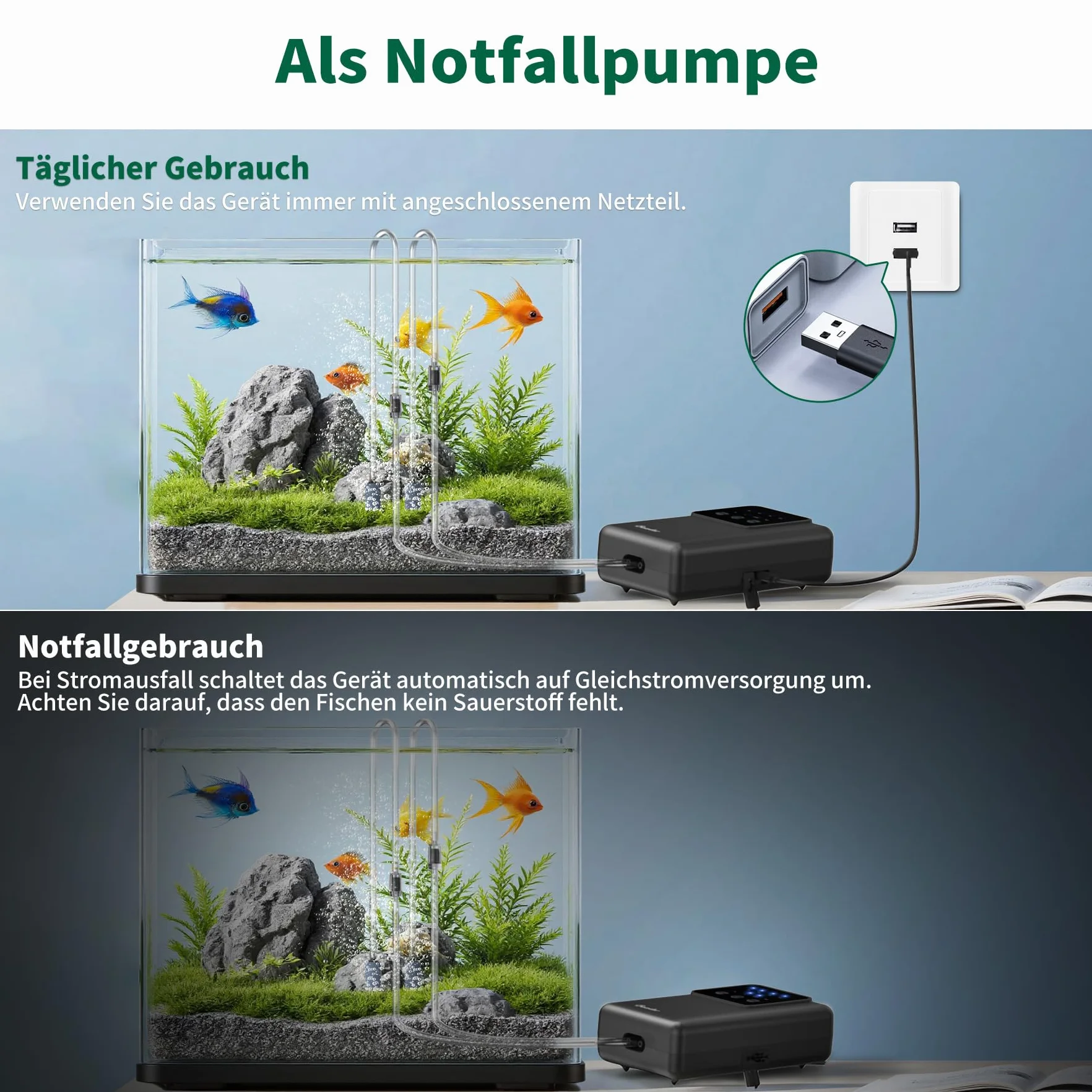 Pompe à air rechargeable pour aquarium 2200 mAh 4400 mAh batterie extérieur coupure courant