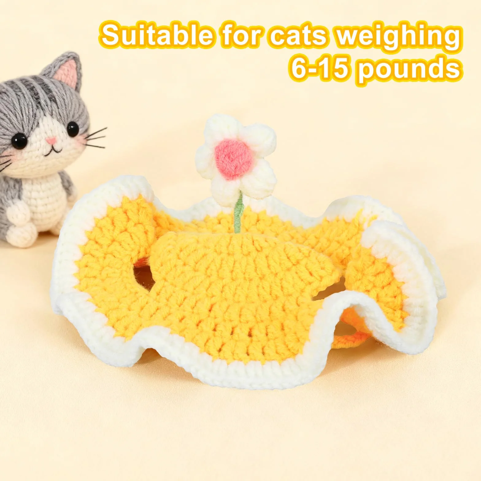 Chapeau d'anniversaire pour Chat avec Trous Oreilles, Ajustable, Tricoté, Mignon Design Fleur, Jaune