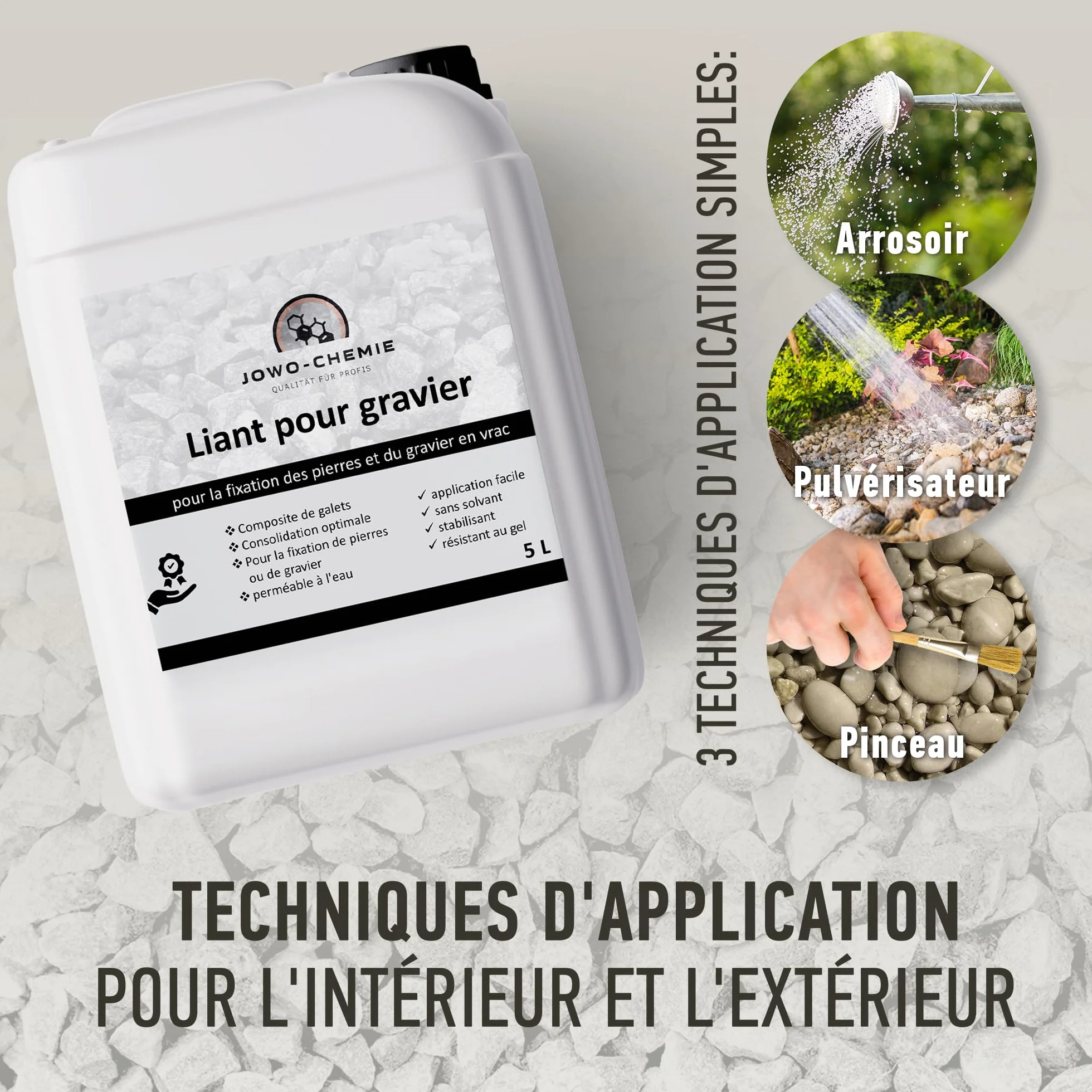 Liant pour gravier extérieur 5L – Stabilisateur de gravier & colle cailloux pour allées, terrasses et jardins | Fixateur drainant anti-déplacement pour gravier, pierre et galet décoratif.