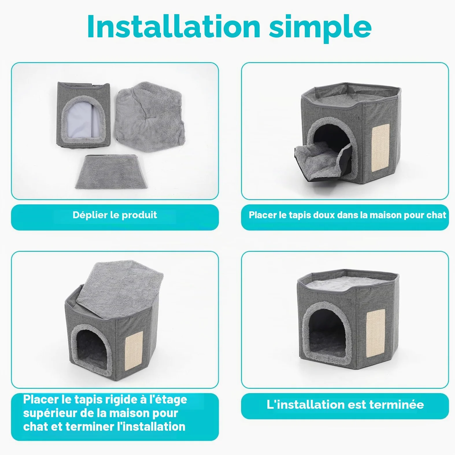 Maison pliable d'intérieur pour grands chats, grande niche pour chat avec griffoir, 2 couches, niche pour animaux de compagnie de petite et moyenne taille, grise