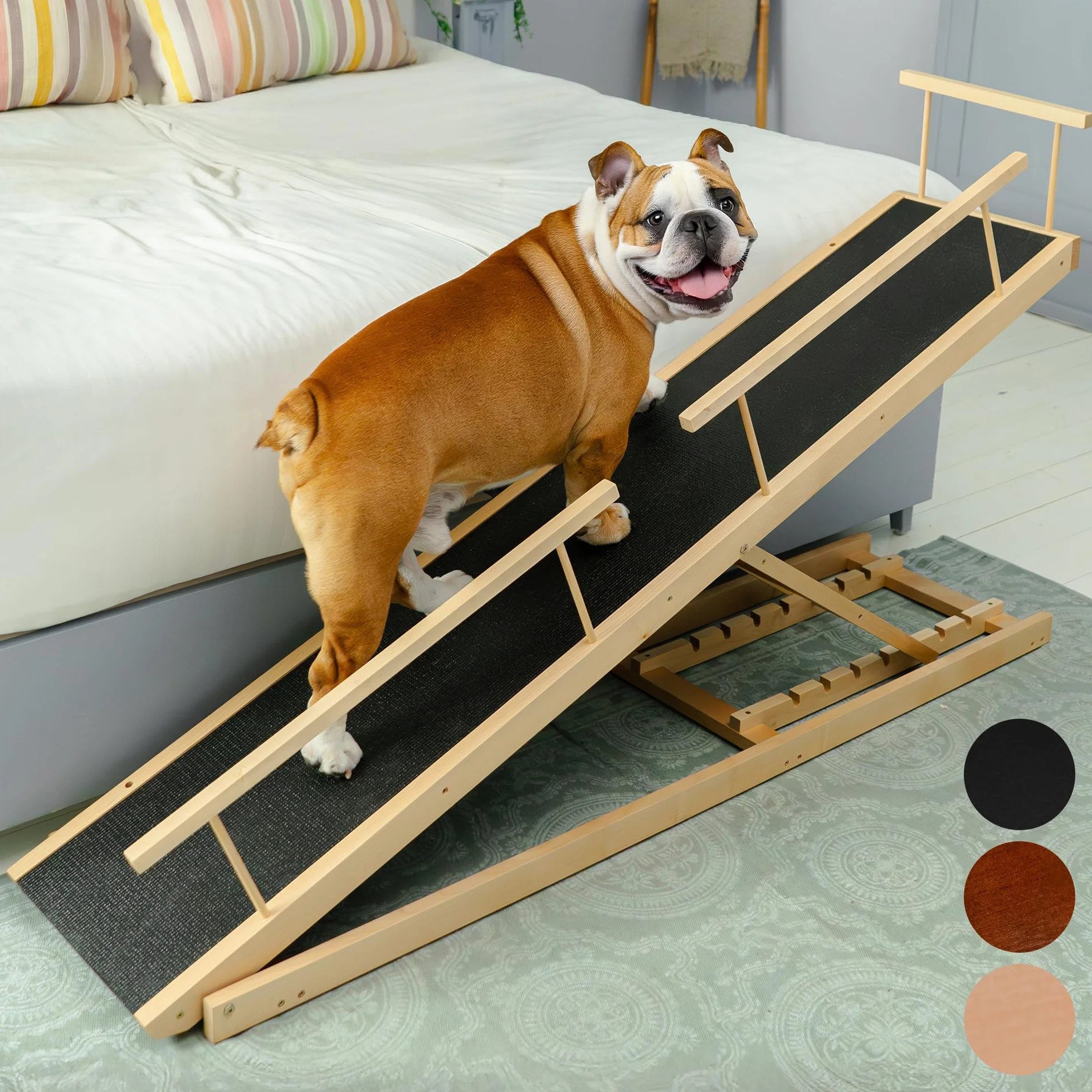 PRIORPET Rampe pour Chien avec Barrières de Sécurité Escalier Pliable Lit Haut 94.5 cm Bois de Bouleau Antidérapante 23kg Naturel