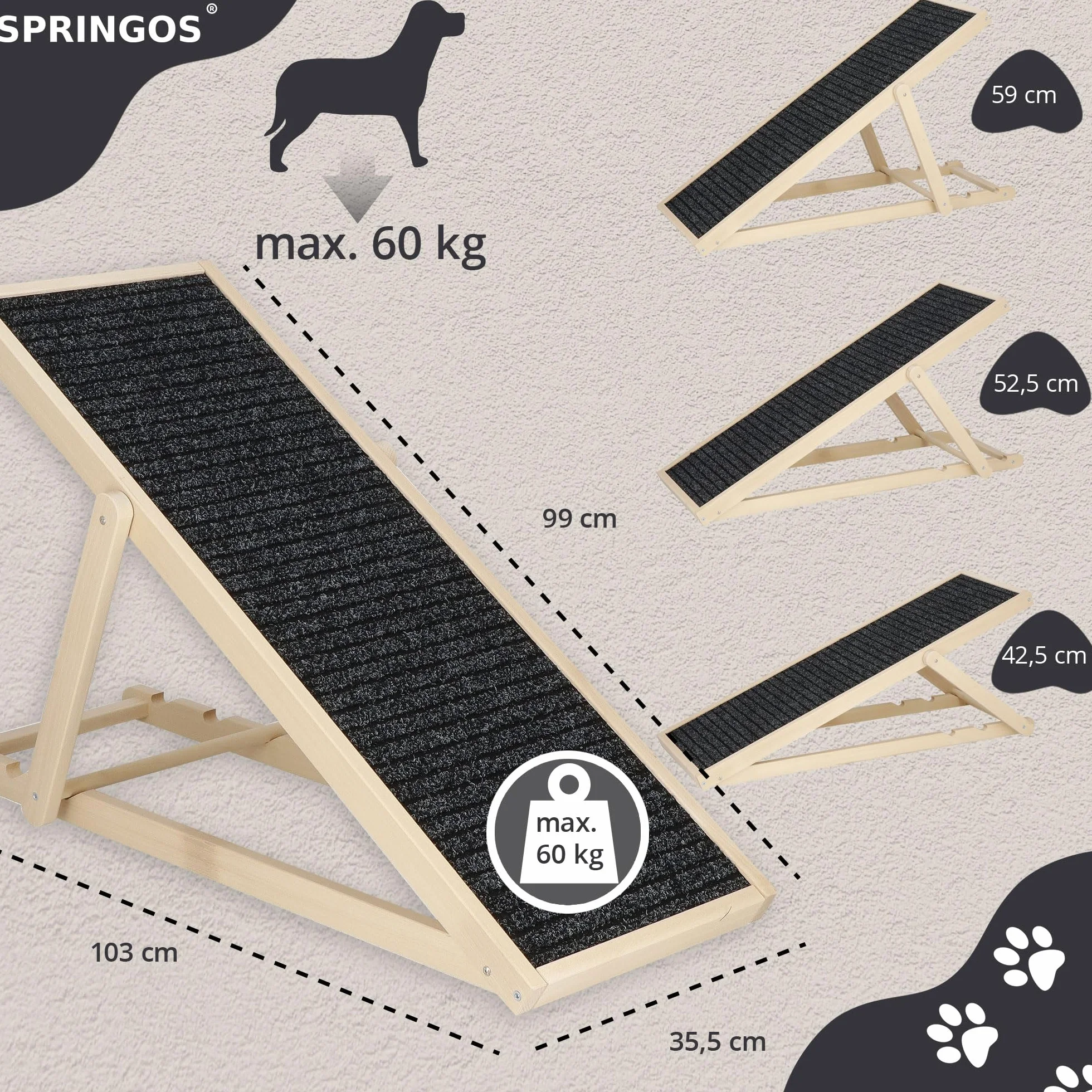 SPRINGOS Rampe pour chien réglable 42,5-59 cm pliable en bois avec insert antidérapant