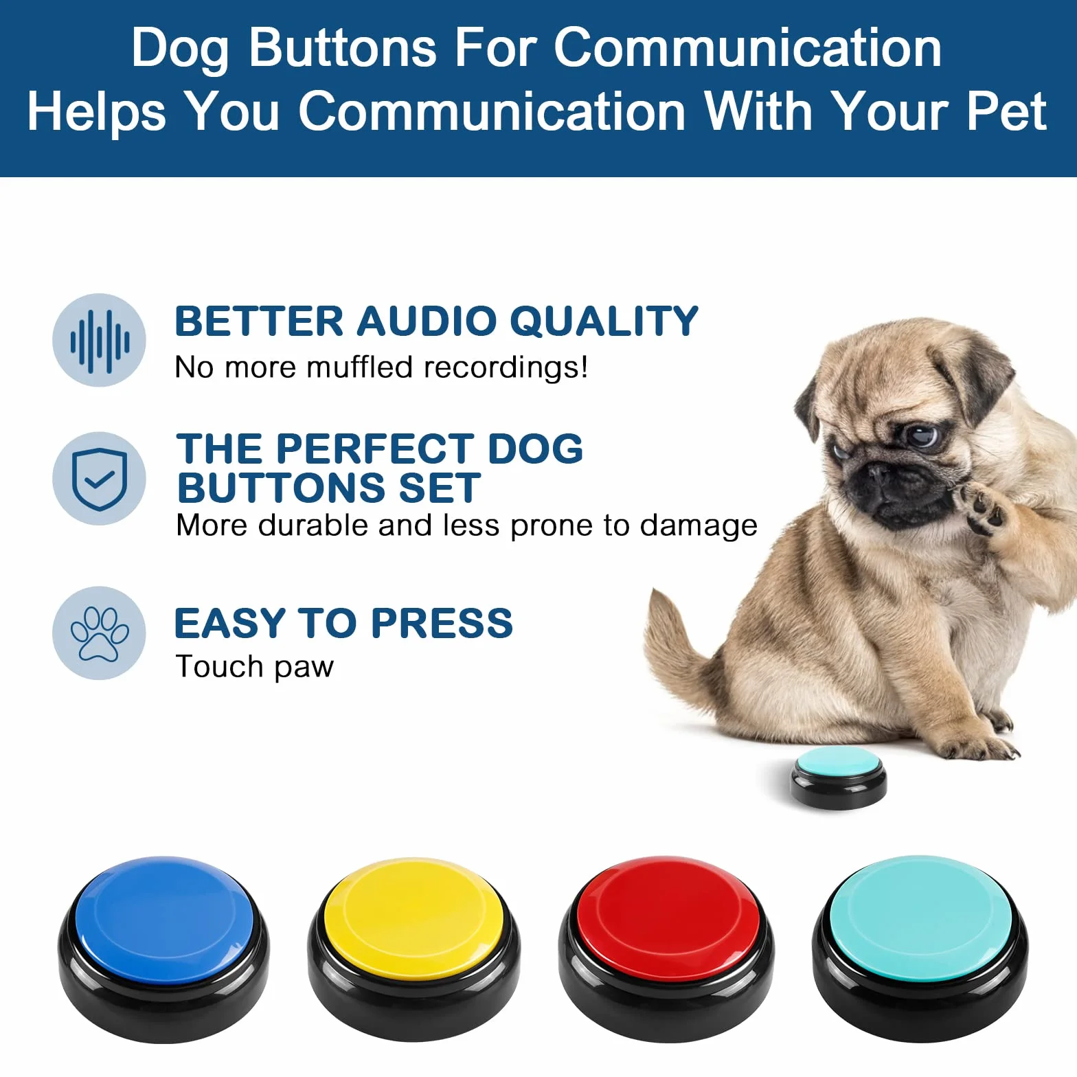 BEAN LIEVE Lot de 4 Boutons enregistrables pour Chien pour la Communication et l'entraînement, Buzzer de Commande pour Animaux de Compagnie avec 16 Autocollants gratuits