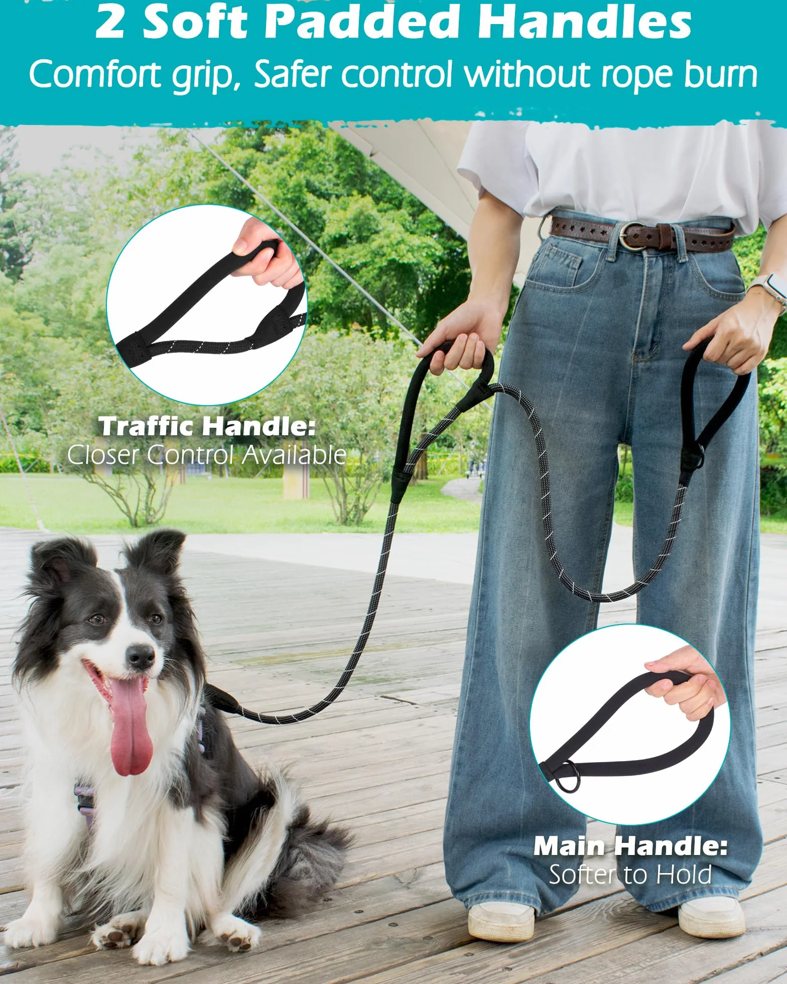 PetBonus Laisse Chien Double Poignée 1,5m Dressage Robuste Mousqueton Verrouillable Réfléchissante Noir