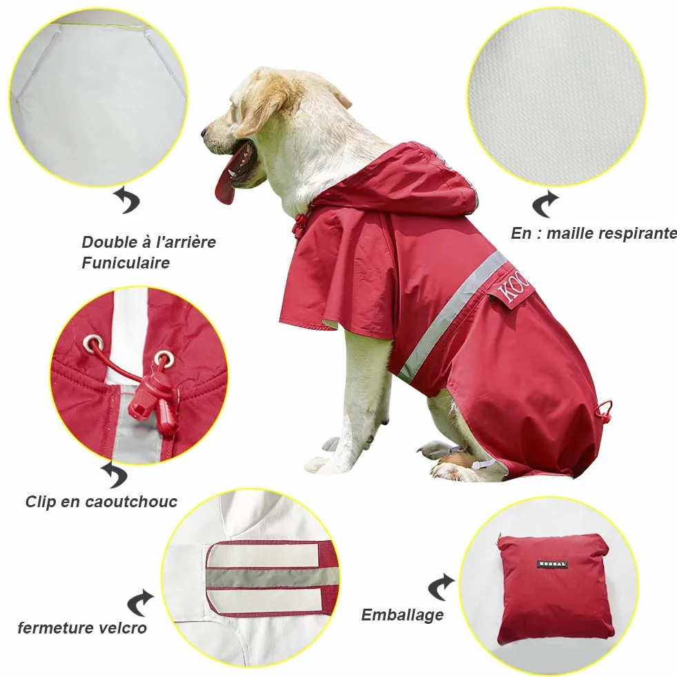 Imperméable Chien avec Capuchon Imperméable Manteau Chien Ultraléger Aéré Bandes Réfléchissantes Taille 4XL Rouge