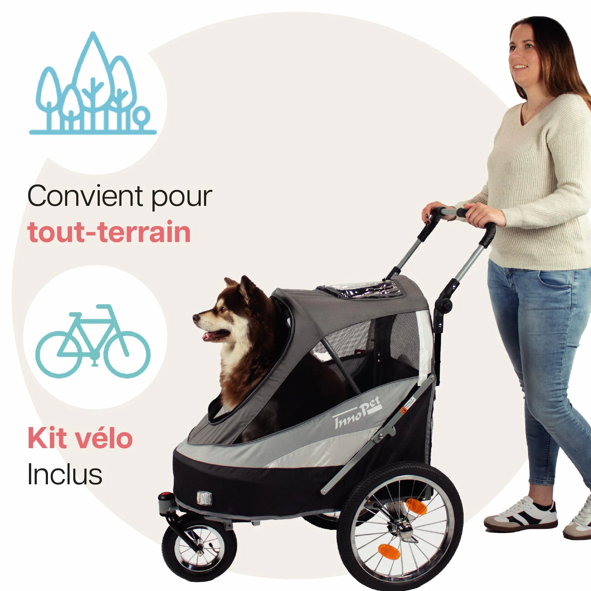 Innopet Sporty Dog Trailer Deluxe Noir/Argent - Poussette pour chien et remorque pour vélo 2 en 1, capacité 30 kg