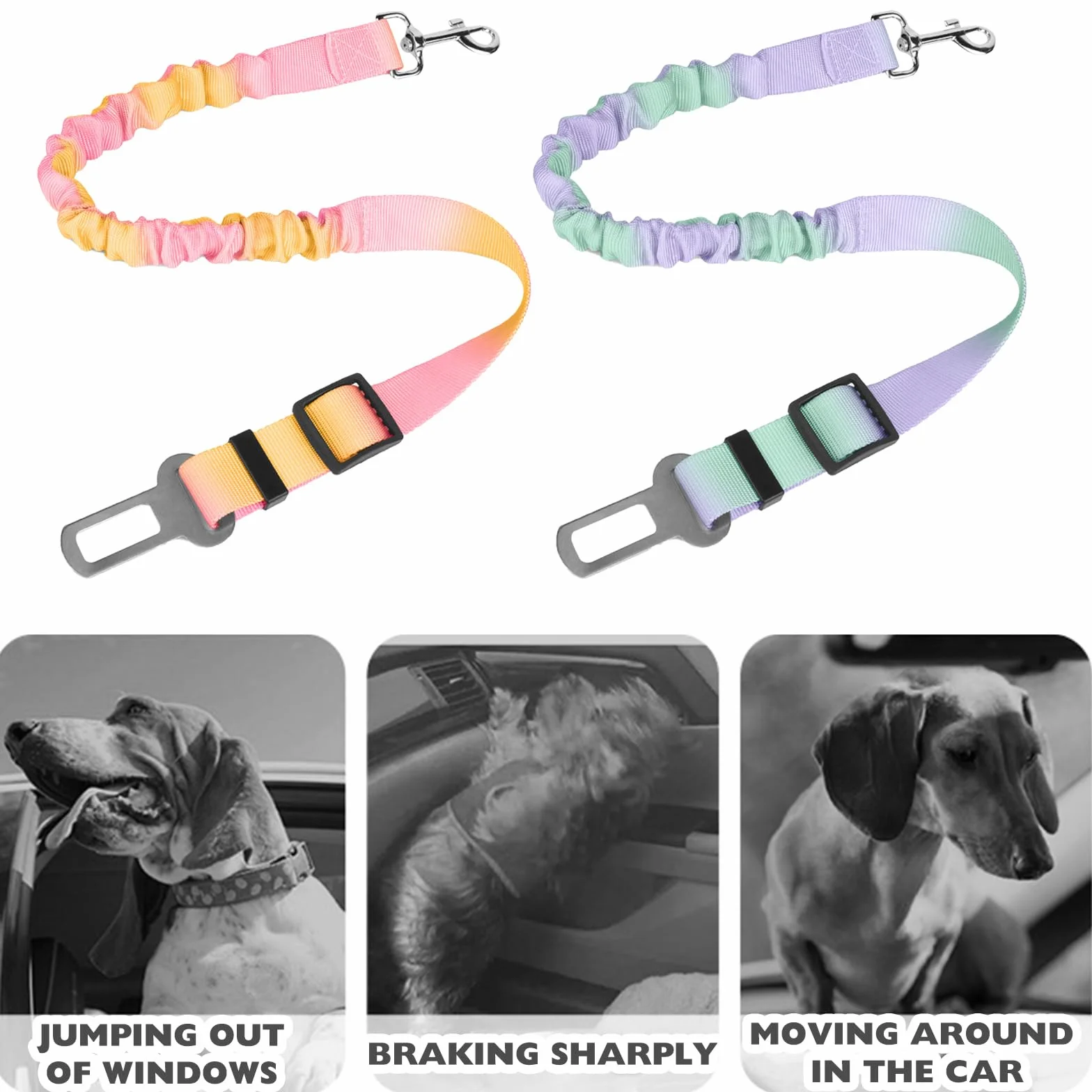 2 Pièces Ceinture Chien Voiture, Réglable Ceinture Securite Chien Voiture, Élastique Attache Chiens Voitures, Couleur Dégradée Laisse Voitures pour Chiens