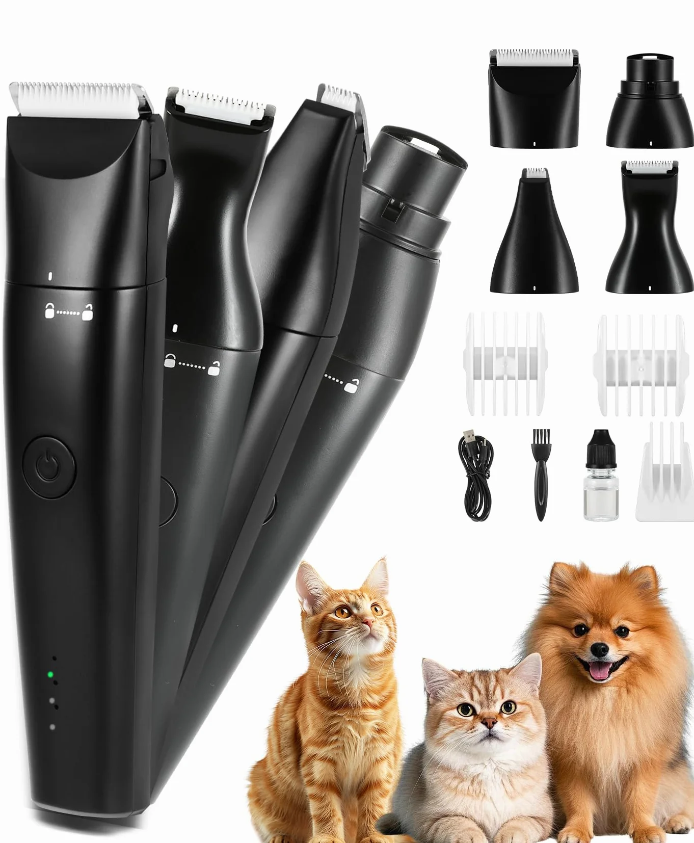 Tondeuse 4 en 1 pour chien pour toilettage de pattes, kit de toilettage pour chien rechargeable USB-C avec deux vitesses, rasoir sans fil pour poils épais pour caniche, petits animaux de