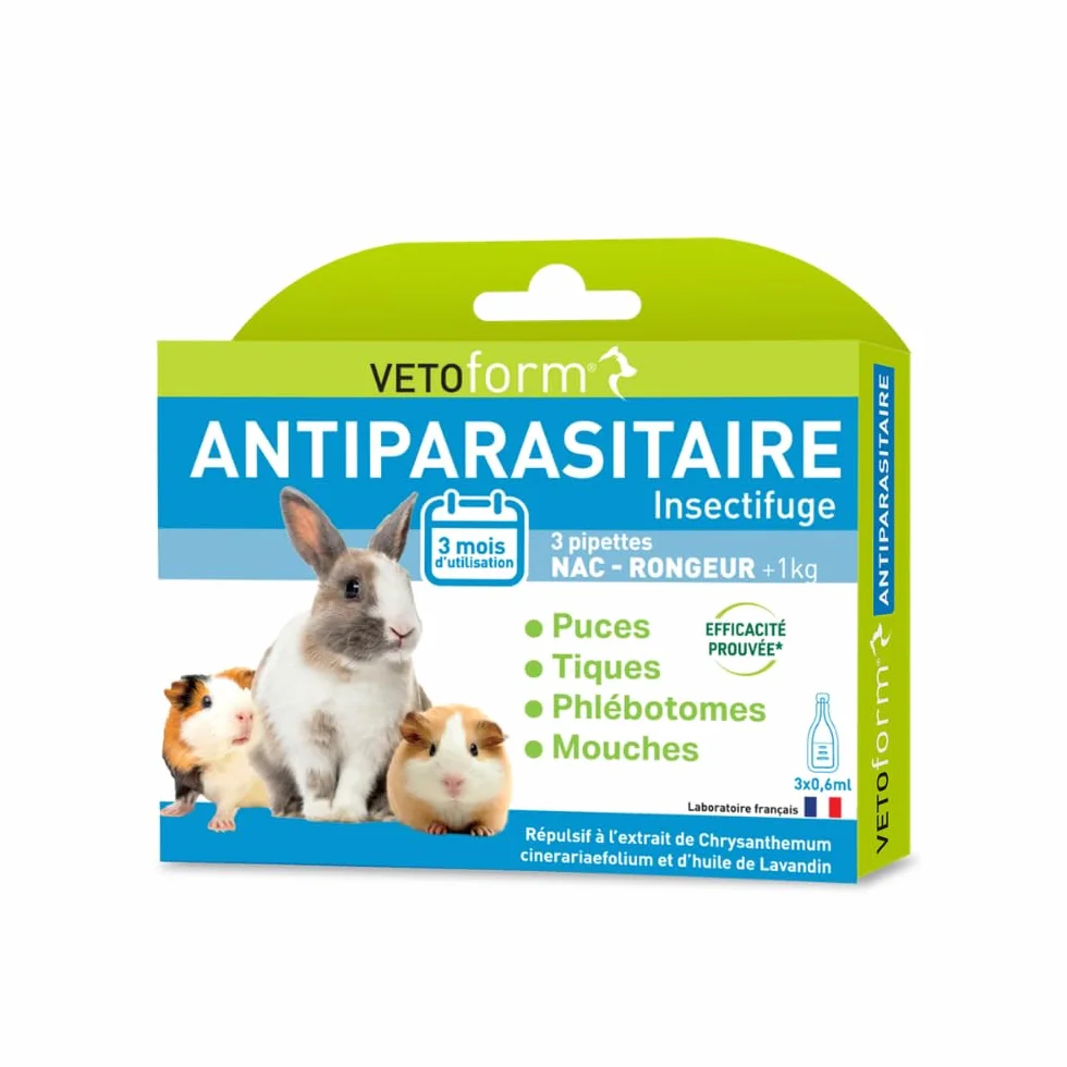 VETOFORM Pipette Antiparasitaire Petit mammiphère 1kg Lapin Cochon d'Inde Hamster NAC antipuces Anti-tiques 3x0,6 ML Fabriqué en France