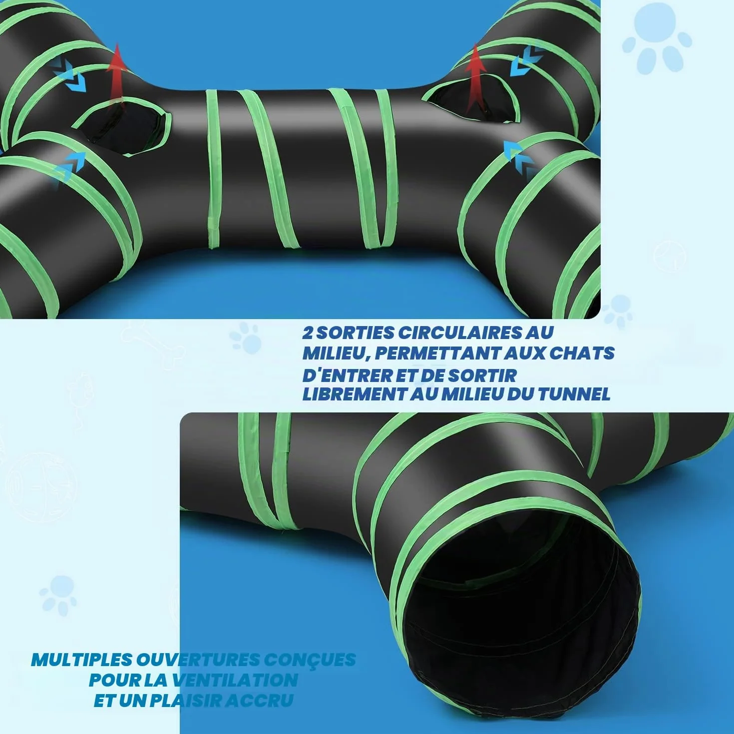 Tunnel de chat de type osseux amélioré, Tube de tunnel de jeu pliable à 4 voies pour chat avec sac de rangement pour chats, chiots, lapins, furets, cochons d'Inde, utilisation intérieure et extérieure