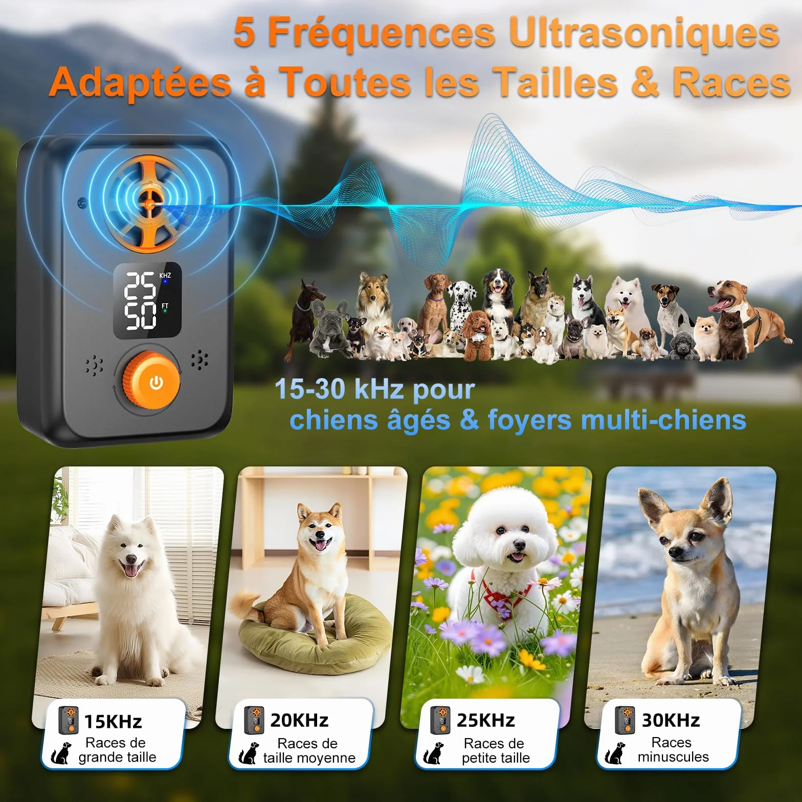 Appareil Anti-Aboiement Ultrasonique Chien 5 Fréquences Ajustables 3 Portées Intérieur/Extérieur