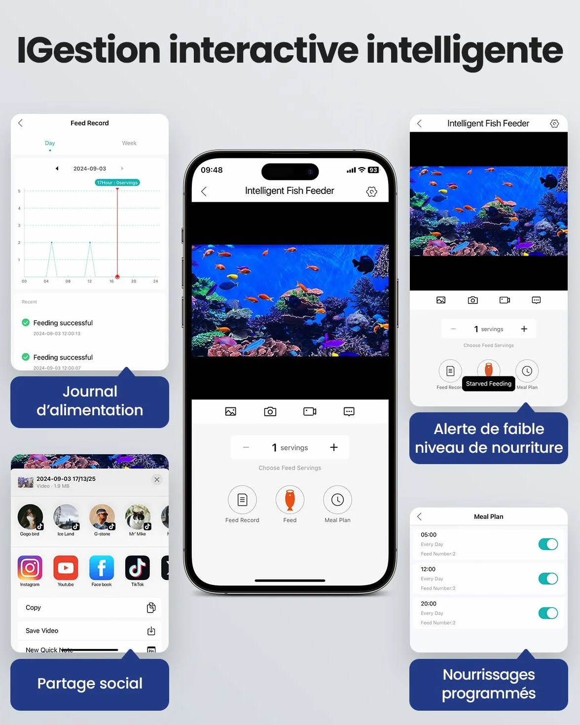 Mangeoire pour Poissons Automatique WOLMDS avec Caméra 2.5K et WiFi/App, 230ml Étanche, Gris Foncé