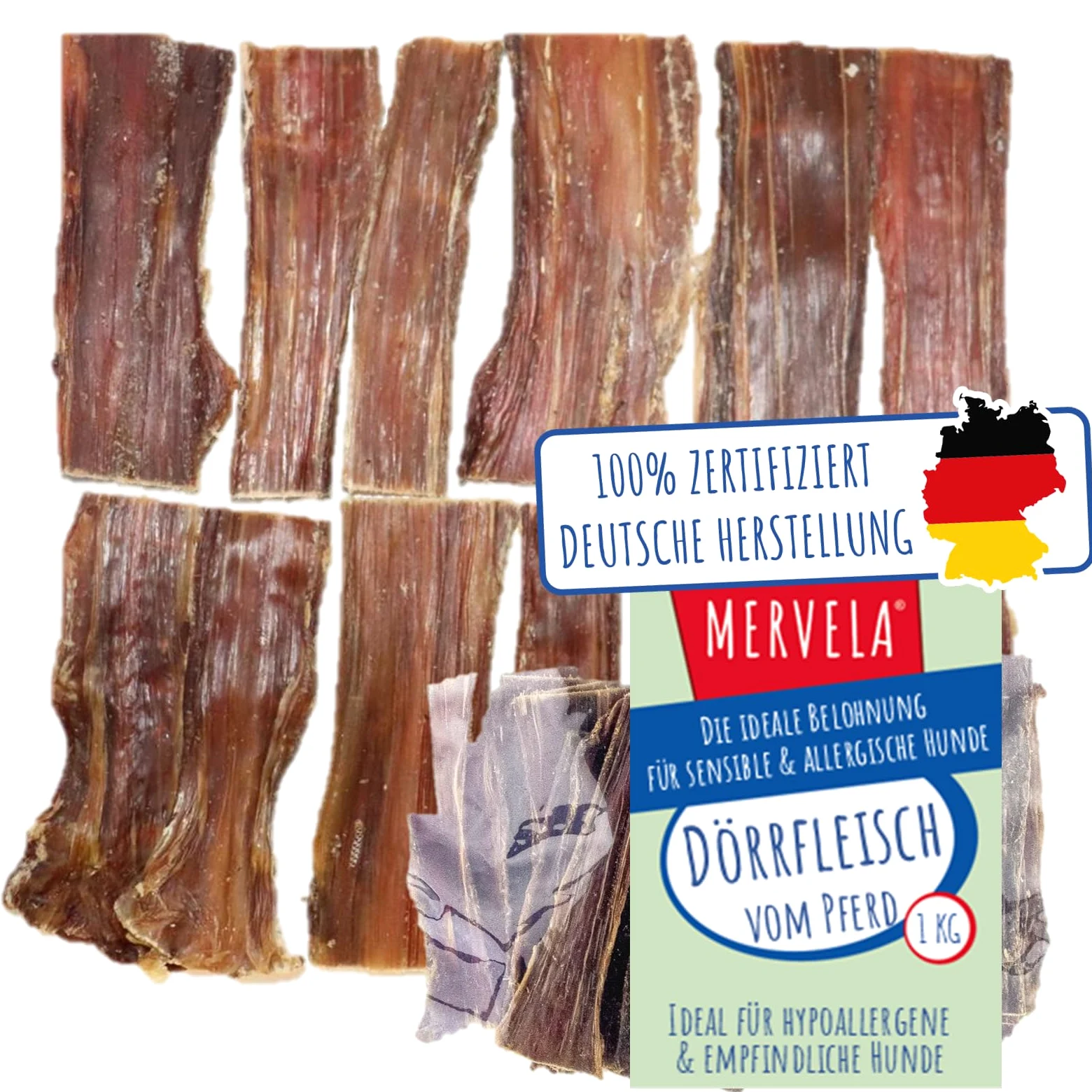 Viande séchée naturelle pour chien | Hypoallergénique | 100 % cheval | Séchée à l'air doux | Sans céréales | Friandise à mâcher de qualité supérieure en provenance d'Allemagne | 1 kg