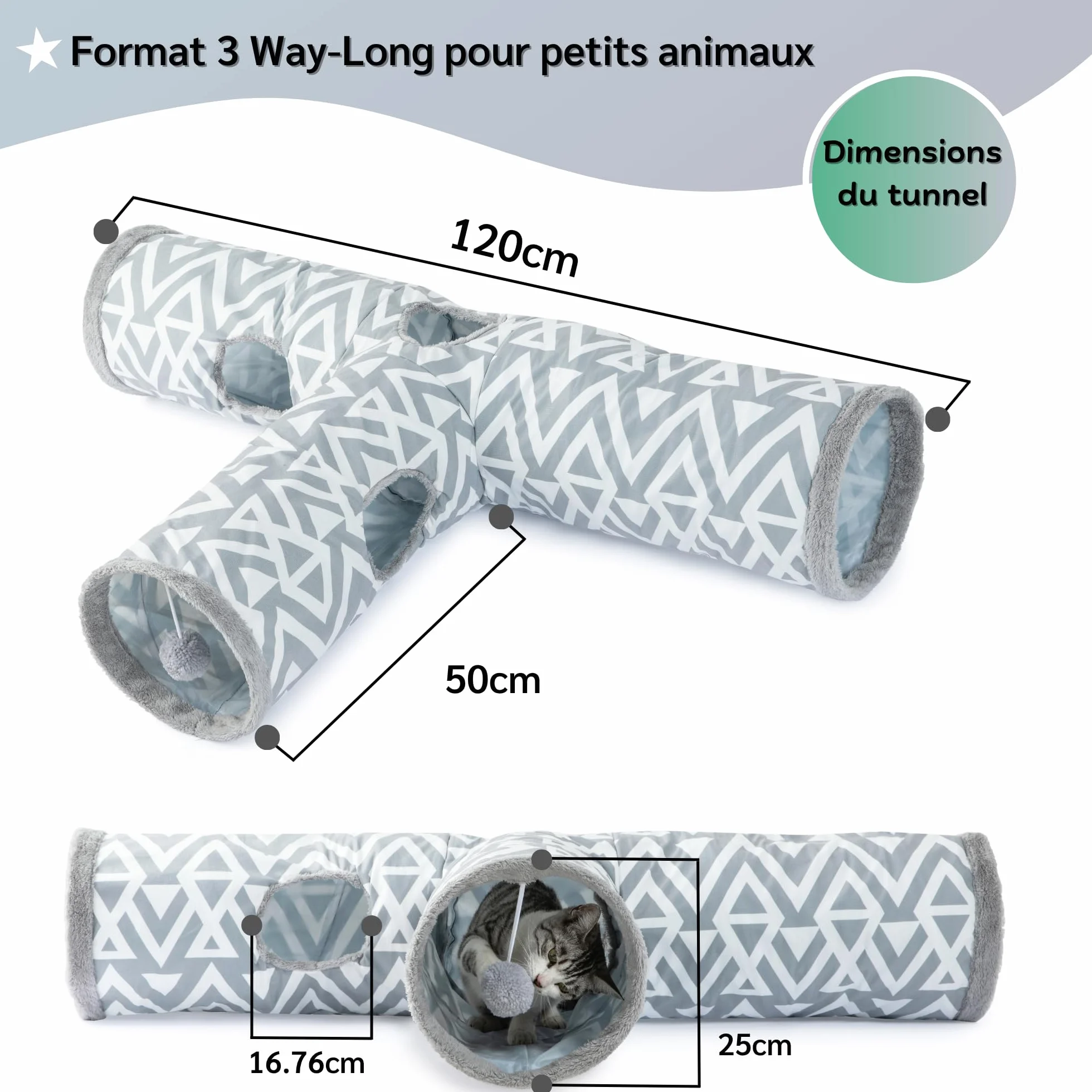 JanYoo Tunnel pour Chat et Lapin - Tunnel de Jeu en Peluche 3 Voies - Jouet pour rongeurs Trou d'espionnage interactif - Ø 26 cm - Gris