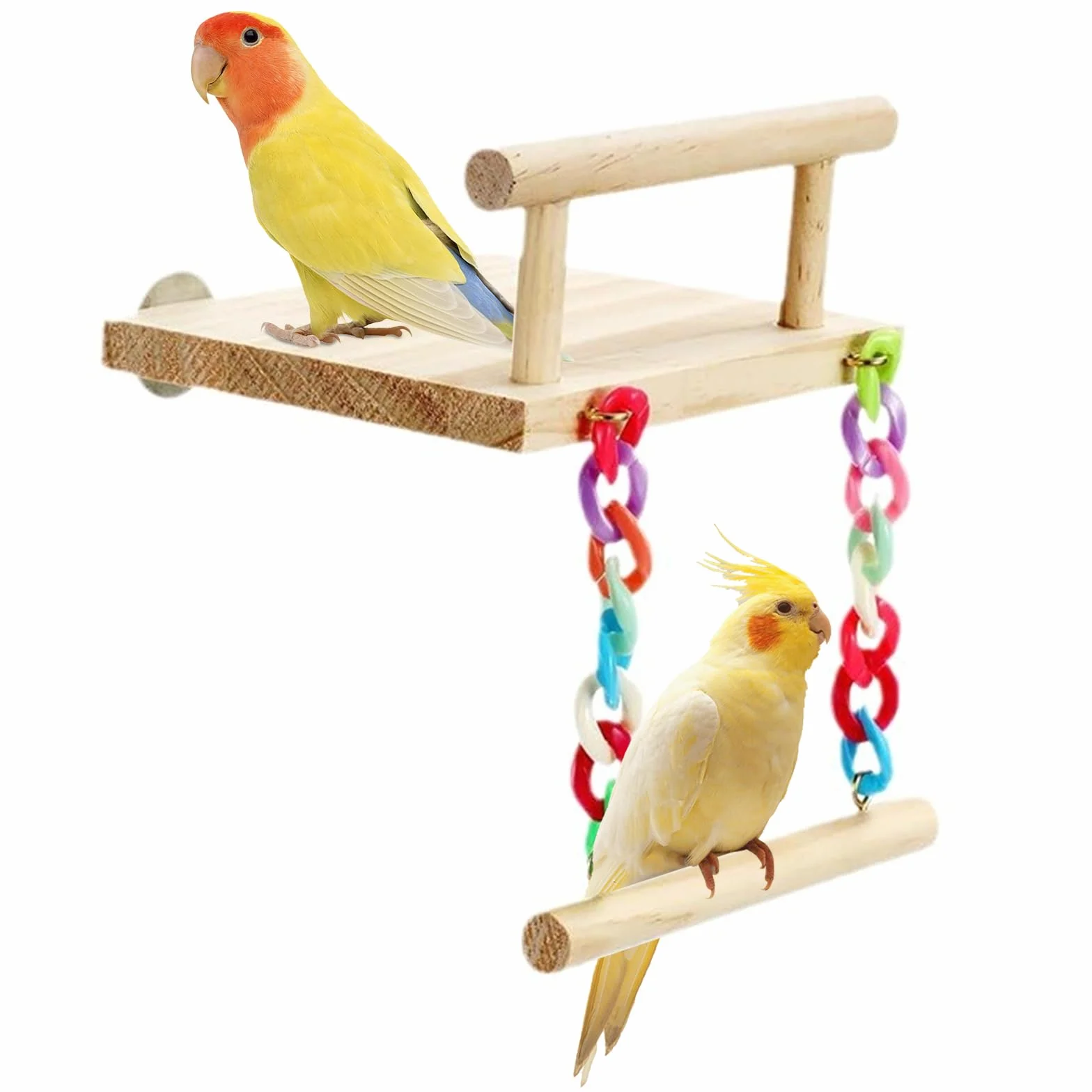 Perchoirs à Oiseaux en Bois avec Balançoire, Jouet Perroquet à Mâcher pour Pinsons, Perruches, Calopsittes, Cacatoès