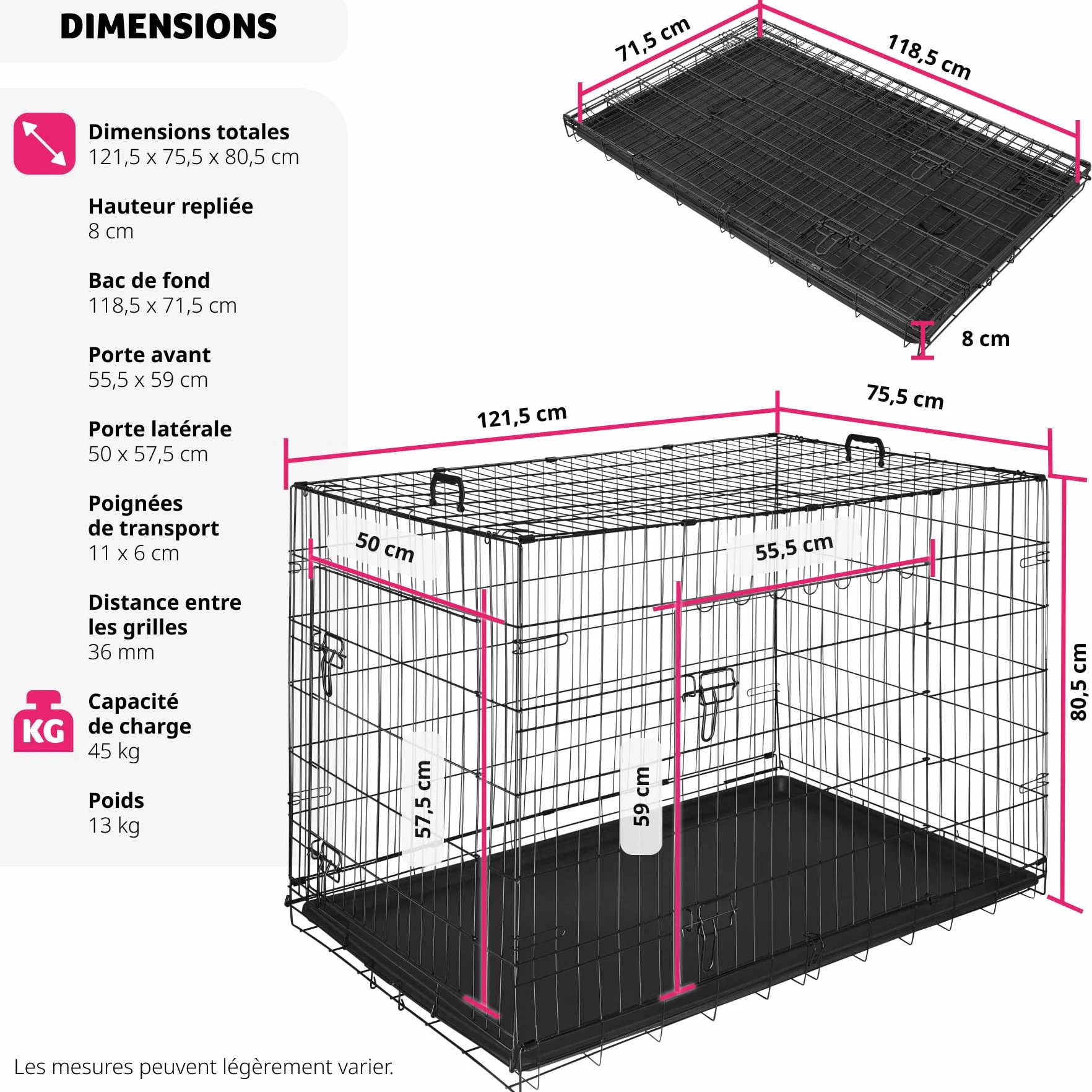 tectake Cage pour Chien Pliable Robust Caisse de Transport Taille XL 121,5x75,5x80,5cm 2 Portes double verrouillage